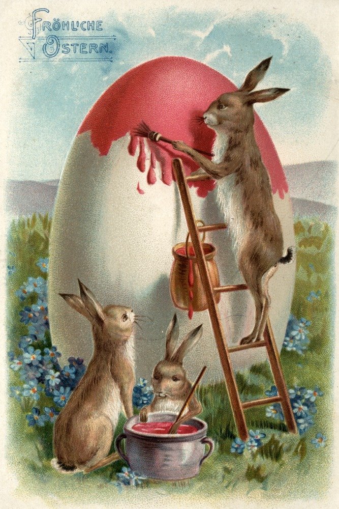 Vintage Easter Greetings Art Print - German Rabbit Painting Eggs Wall Decor (12x18 Hand Signed Poster for Home, Office & Holiday Decoration)