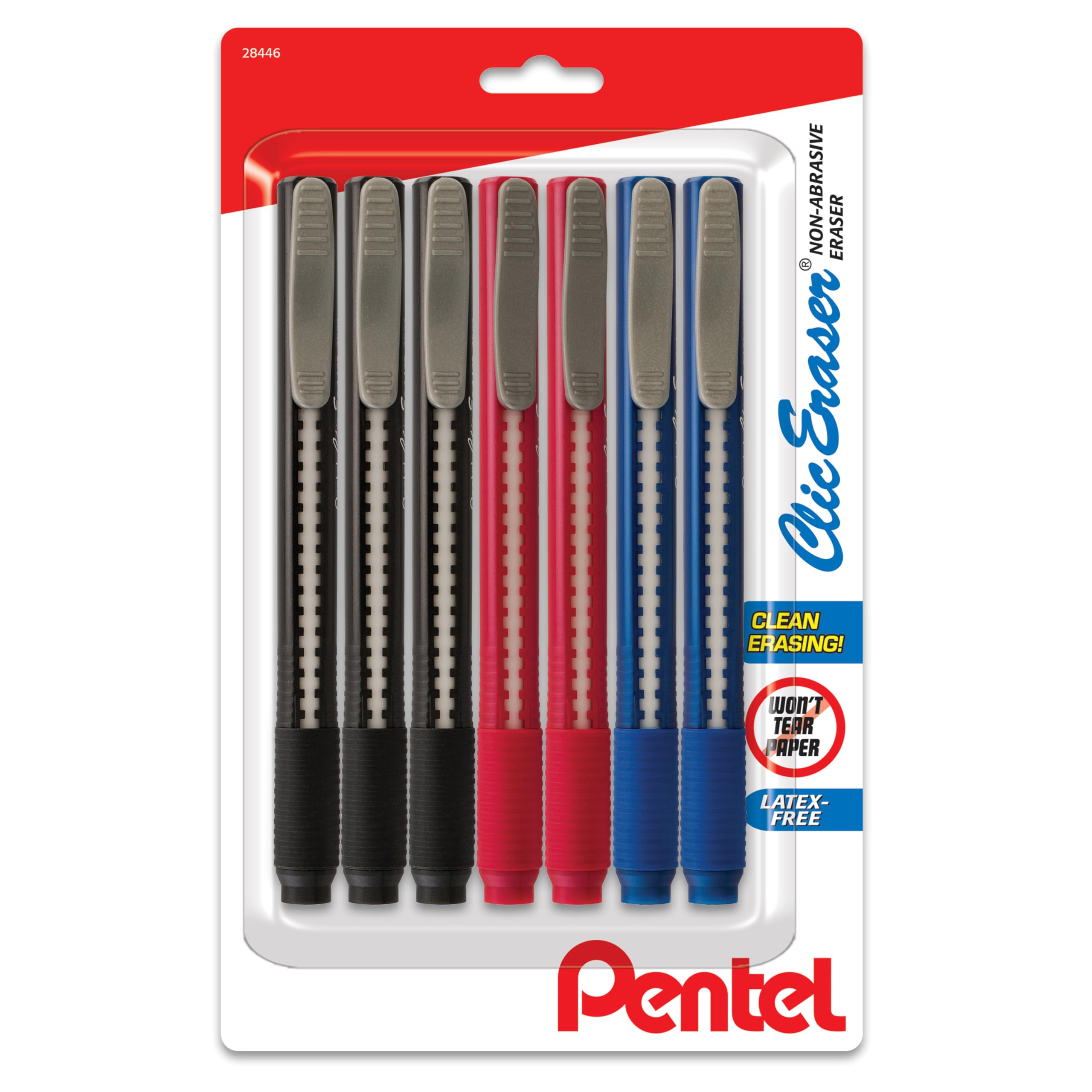 Pentel Clic Eraser Grip Retractable Eraser with Comfortable Grip, 7-Pack (Black, Red, Blue) - Ideal for Office, School, and Art Projects
