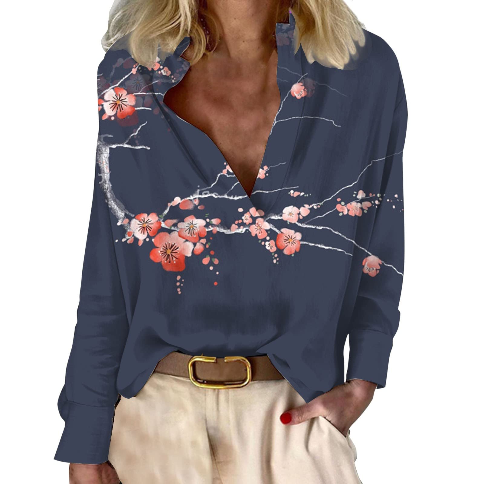 Women's Floral Print V-Neck Long Sleeve Casual Top - Cotton Linen Blend Hoodie for Plus Size | Perfect for Spring Outfits, Office Wear & Weekend Relaxation