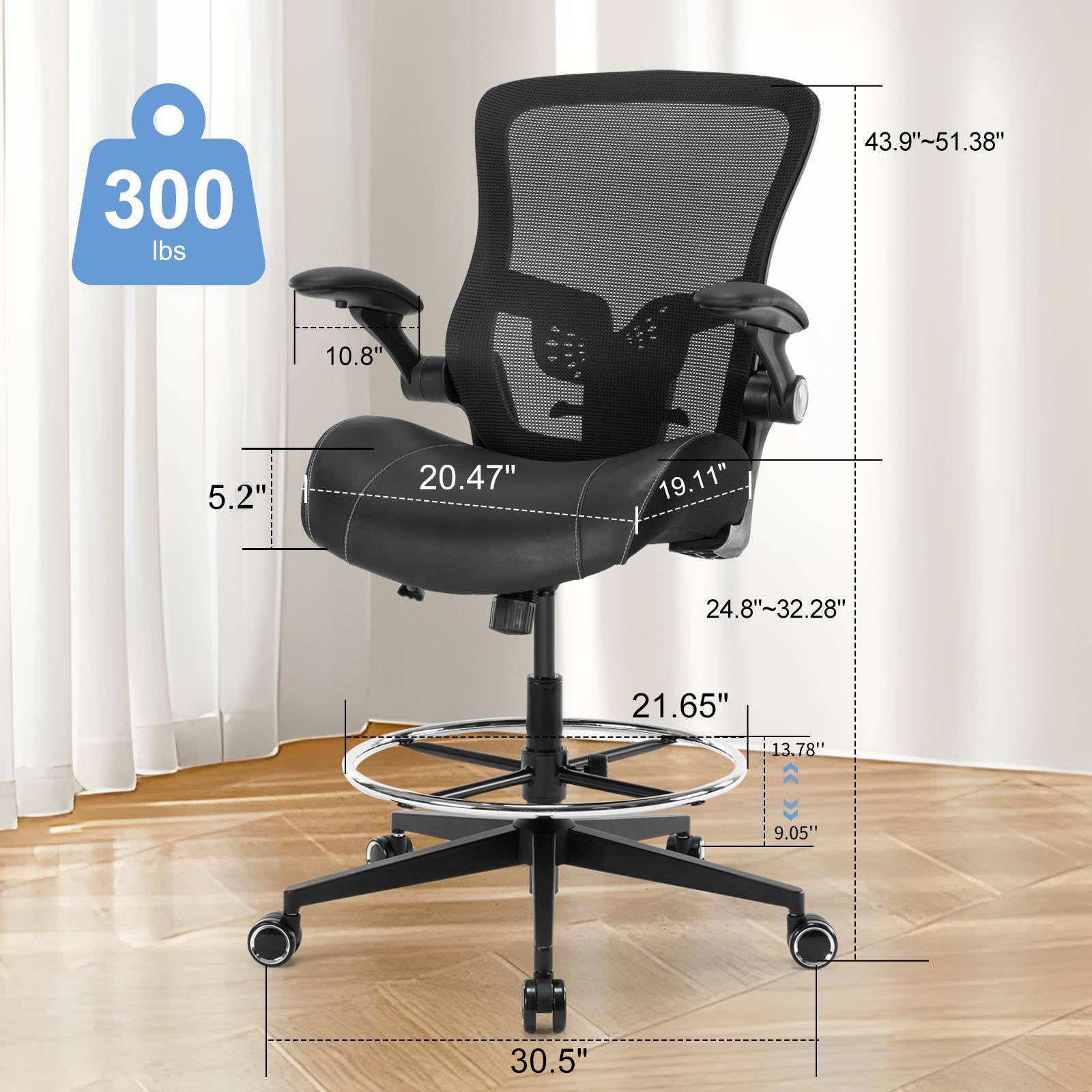 Ergonomic Drafting Chair - Adjustable Height Tall Office Chair with Flip-Up Armrests, Footrest & Lumbar Support - Perfect for Standing Desks, Artists & Drafting Tables - Black