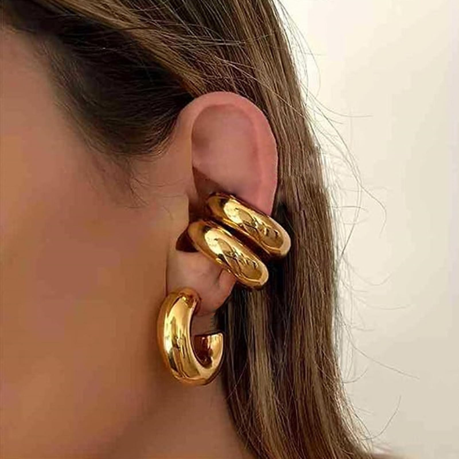 Chunky Gold & Silver Clip-On Ear Cuffs for Women - Non-Pierced Cartilage Earrings, Huggie Hoop Wrap Ear Jewelry - Perfect for Parties, Weddings & Everyday Wear