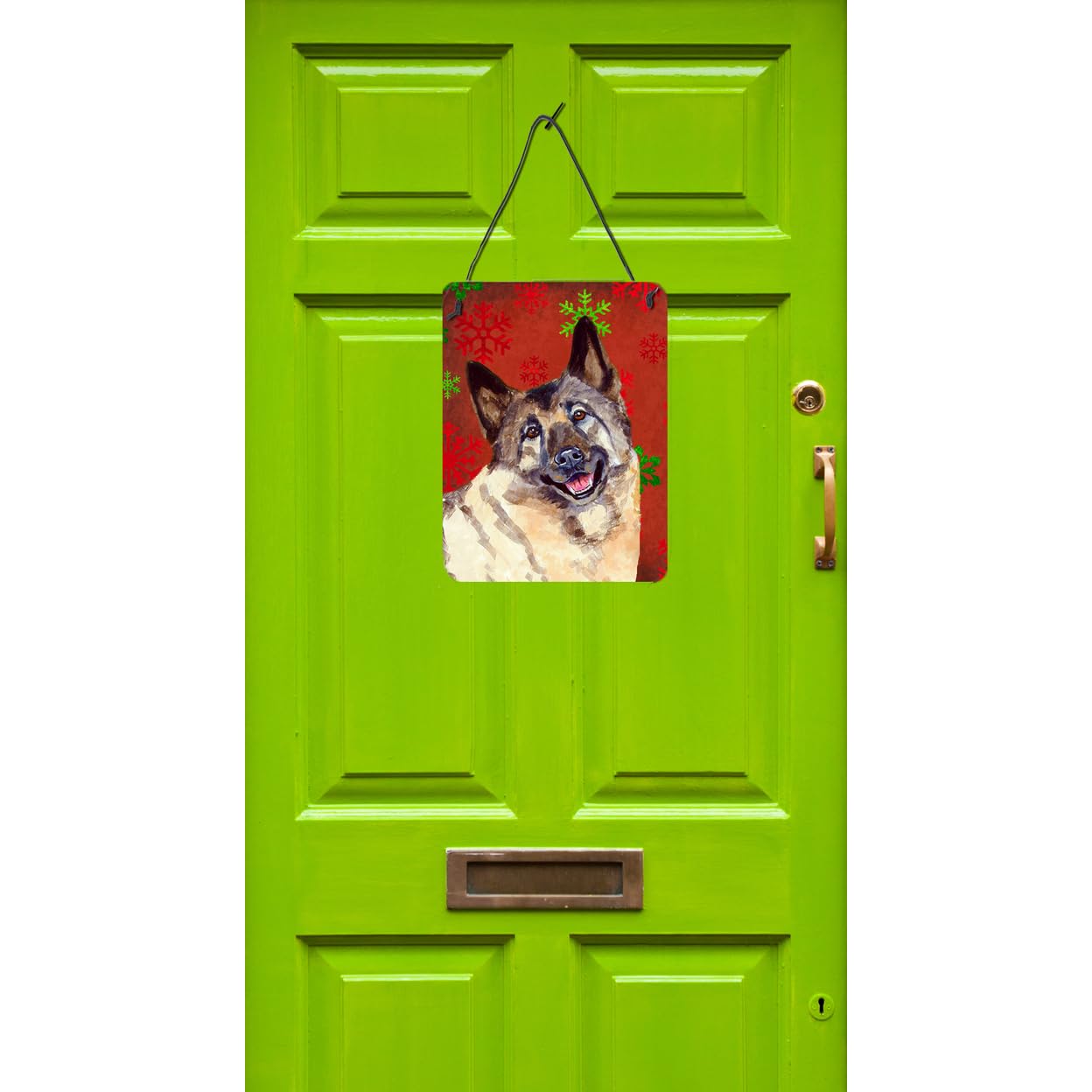 Norwegian Elkhound Red & Green Snowflakes Christmas Metal Wall Decor - Holiday Aluminum Sign for Kitchen, Bathroom, Bar & Front Door - Perfect for Festive Home & Office Decorations