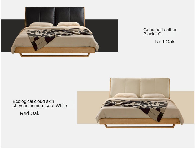 Italian Light Luxury Solid Wood Bed in Oak & Ash with Genuine Leather Upholstery - Perfect for Master Bedrooms, Guest Rooms & Modern Home Decor