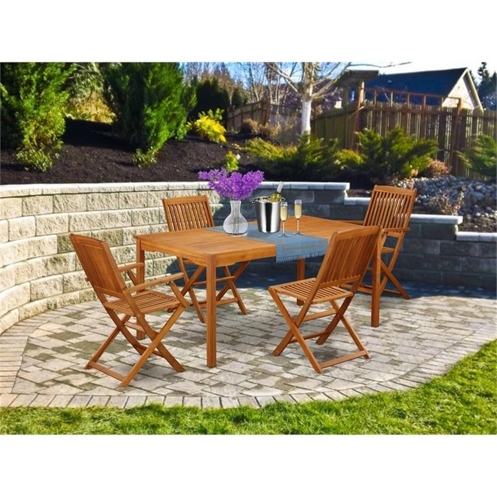 East West Furniture 5-Piece Patio Dining Set - 36x66 Inch Acacia Wood Outdoor Table with 2 Folding Arm Chairs & 2 Side Chairs - Natural Oil Finish - Perfect for Backyard, Garden, Poolside & Outdoor Entertaining