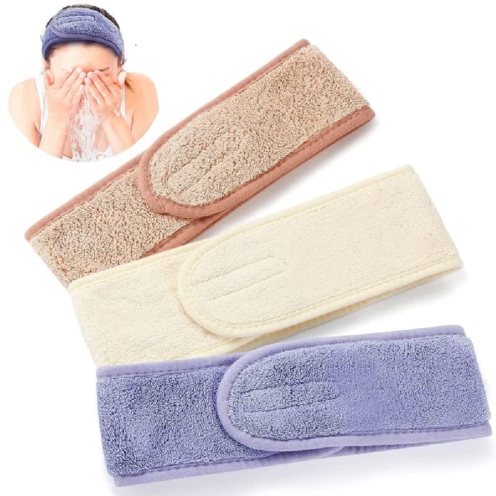 ZAUKY 3-Pack Adjustable Velvet Spa Headbands for Women - Soft Makeup & Shower Hair Bands with Magic Tape, Sweat-Absorbent Towel Head Wraps for Facial, Skincare, Gym & Yoga (Multicolor)