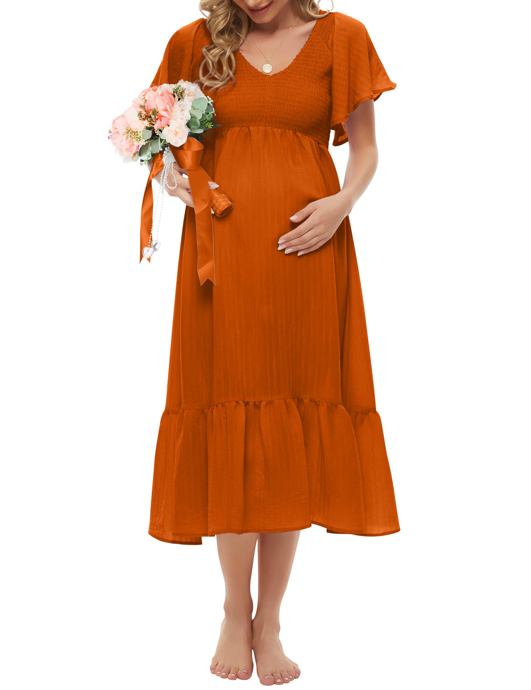 Boho Flutter Short Sleeve Maternity Dress - V-Neck Smocked Midi Dress for Baby Shower & Casual Wear (Sizes S-2XL) | Perfect for Pregnancy Photos, Bridal Showers & Summer Outfits