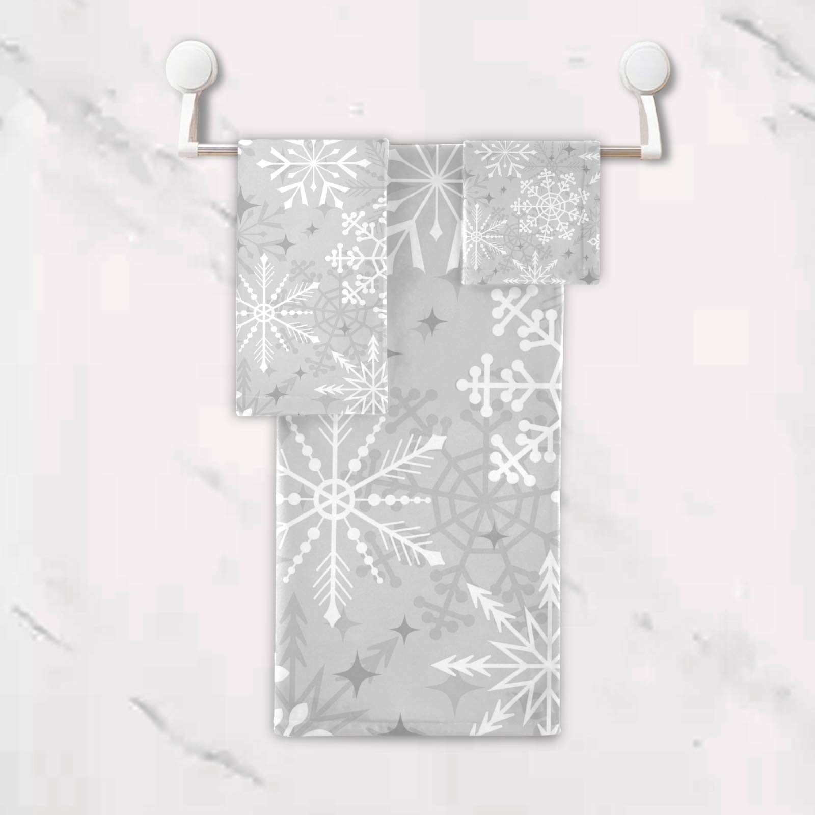 ALAZA Christmas Silver Snowflake Bath Towel Set - 3-Piece Soft Highly Absorbent Towels (1 Bath, 1 Hand, 1 Washcloth) for Bathroom, Kitchen, Beach, Gym & Spa - Holiday Home Decor & Gift Idea