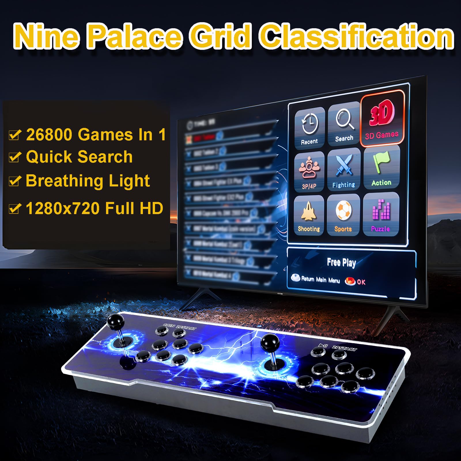Arcade Games Console 26800-in-1 Retro Gaming System with 1280x720 HD, 3D Games, Search/Save/Hide/Suspend Features, 4-Player Multiplayer - Compatible with PC, Projector & TV (Thunder Edition) - Perfect for Home Entertainment, Parties & Retro Gaming Enthusiasts