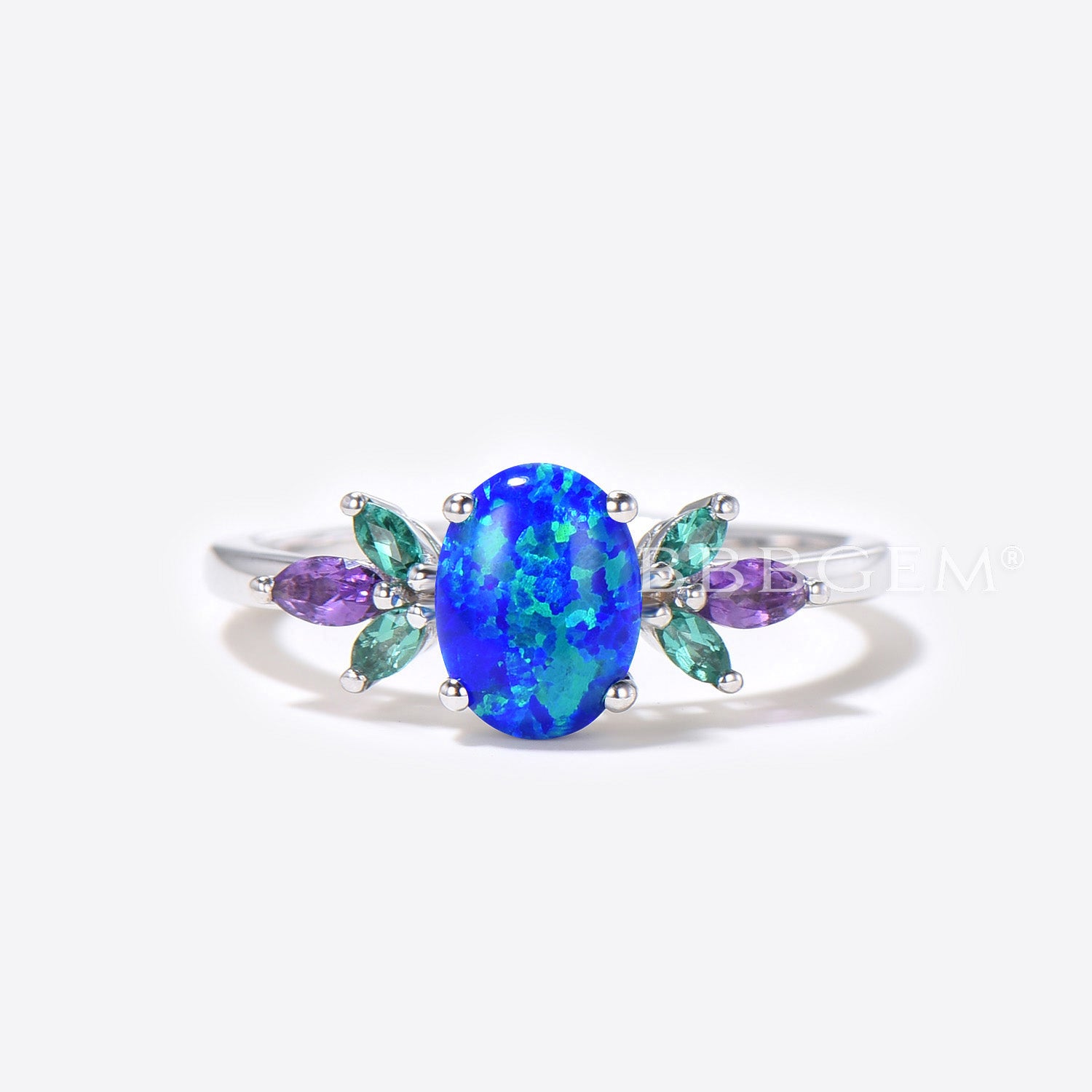 1.5ct Oval Cut Blue Opal Engagement Ring Set - Sterling Silver with Emerald & Amethyst Accents - Wedding Ring, Bridal Jewelry Set - Perfect for Proposals, Anniversaries & Romantic Gifts