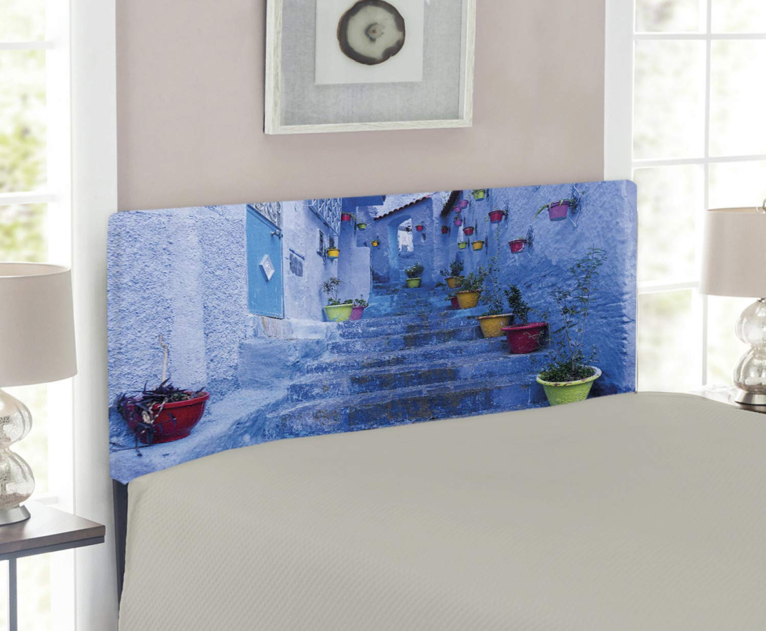 Ambesonne Blue Upholstered Headboard - Moroccan Chefchaouen Inspired Floral Street Design, Twin Size Decorative Metal Bed Headboard with Memory Foam | Perfect for Bedroom Decor, Guest Rooms & Vacation Rental Styling