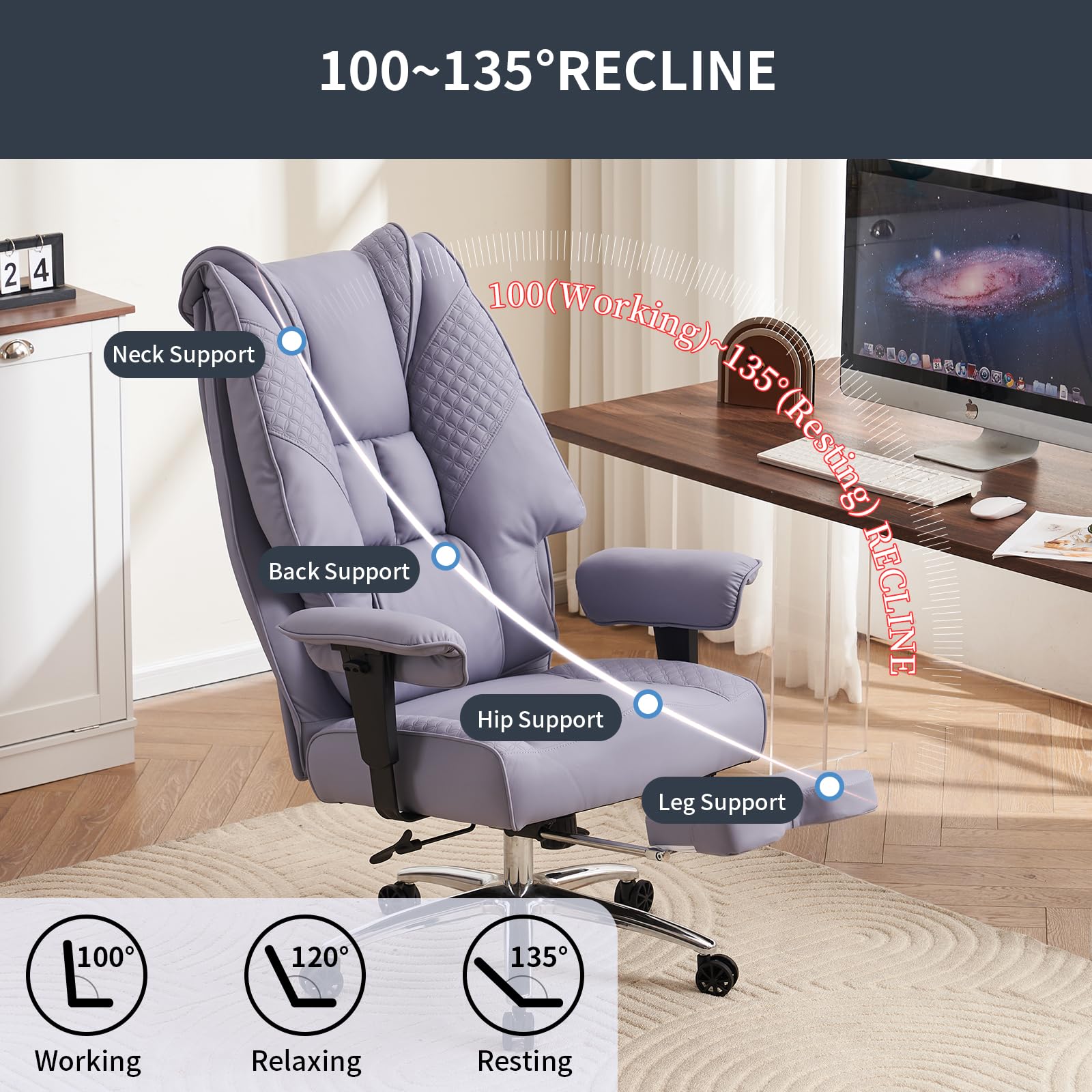 Big and Tall Office Chair 400lbs Capacity - Wide Seat Leather Executive Chair with Adjustable Footrest & Lumbar Support - Ergonomic High Back Desk Chair for Back Pain Relief (Light Purple) - Perfect for Home Office, Gaming, and Long Work Sessions