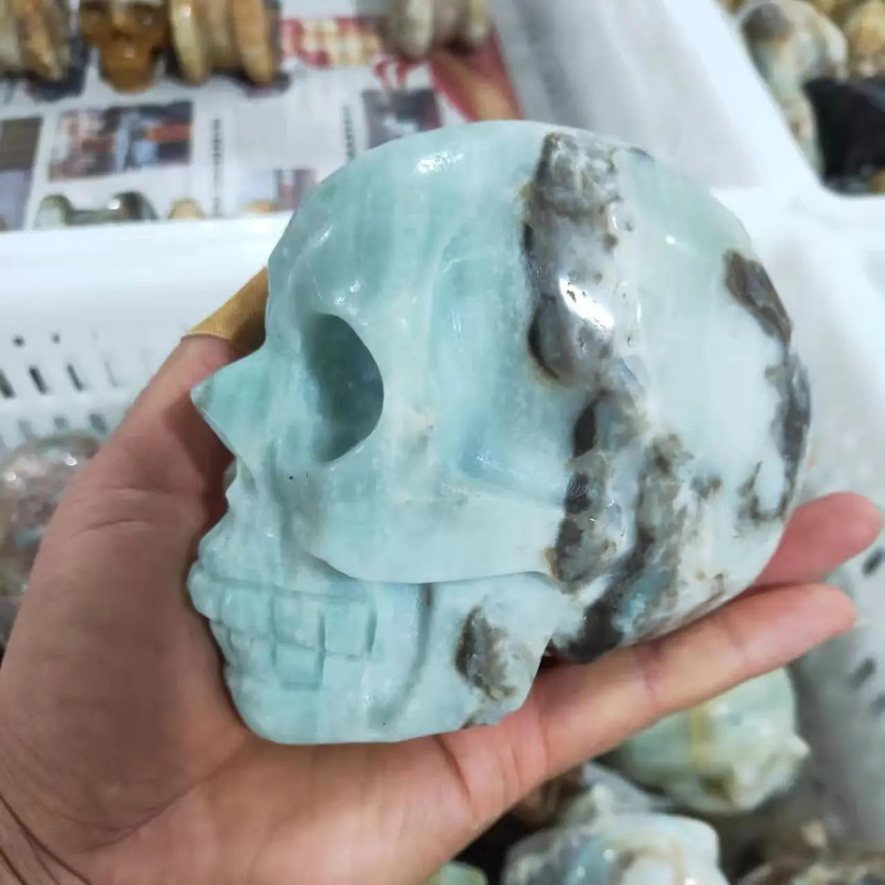 Natural Sky Blue Calcite Quartz Crystal Hand Carved Skull - 500-700g Healing Stone for Reiki, Meditation & Home Decor - Unique Spiritual Decor for Altars, Offices & Gift Giving