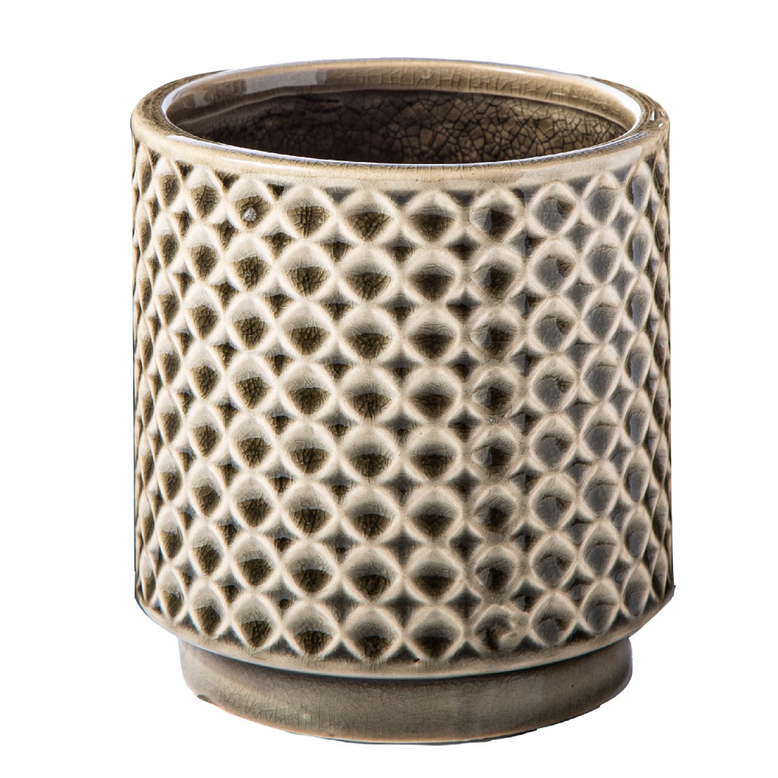 Benjara 7 Inch Round 3 Piece Ceramic Pot Set with Clover Links Pattern, Beige - Perfect for Indoor Plants, Home Decor, and Kitchen Storage | Durable & Stylish Flower Pots for Succulents, Herbs, and Small Plants