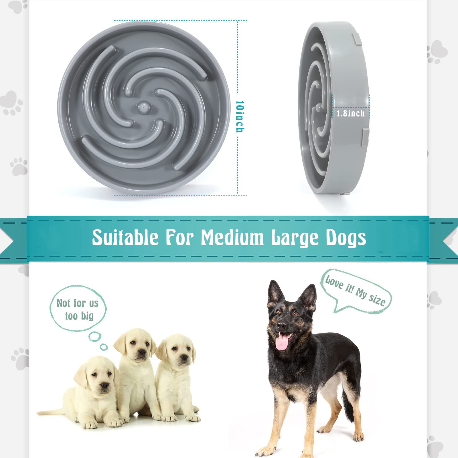 Slow Feeder Dog Bowl for Large & Medium Dogs - Non-Slip Puzzle Bowl for Healthy Eating, Prevents Bloat & Choking - Interactive Pet Feeding Dish (Light Gray) - Perfect for Fast Eaters & Mealtime Enrichment