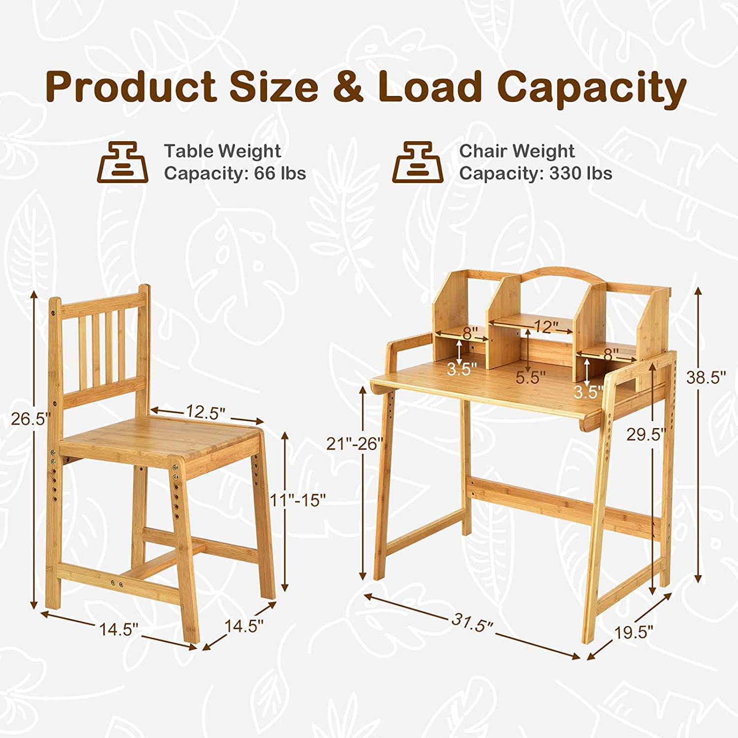 UNICOO Adjustable Bamboo Kids Desk and Chair Set - Ergonomic Study Table for Children, Eco-Friendly & Height Adjustable (Natural Wood) - Perfect for Homework, Drawing, and Online Learning at Home