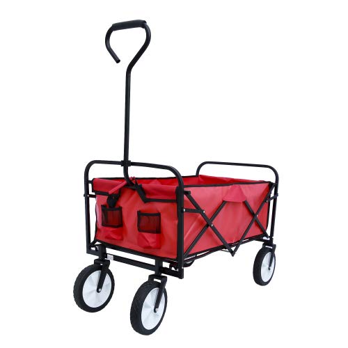 Heavy Duty Collapsible Wagon Cart with Wheels - 150lbs Capacity Foldable Utility Cart, Portable Steel Frame Beach Wagon for Sand, Camping, Picnics, Grocery Shopping & Outdoor Adventures (Red)