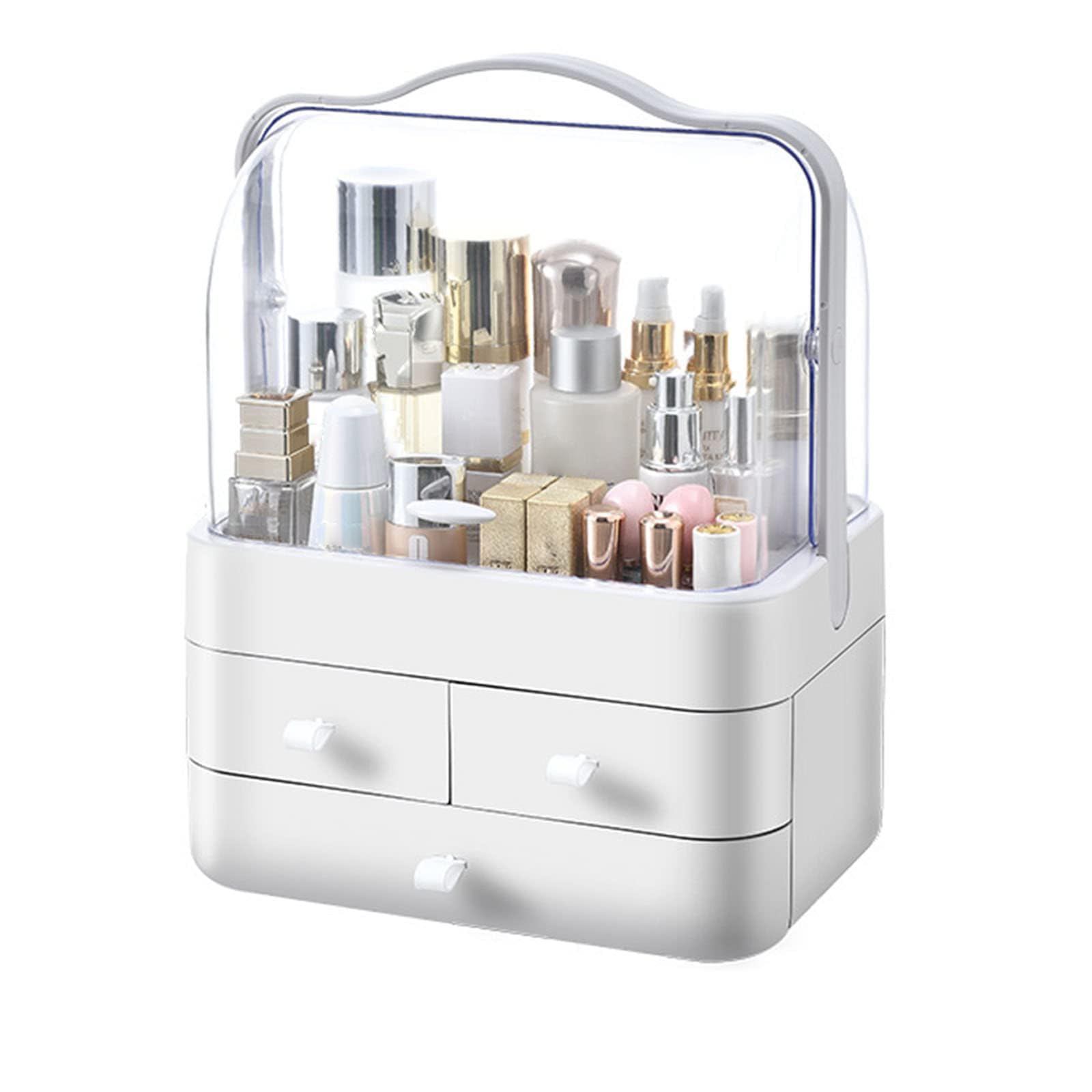 180° Rotating Makeup Organizer with Transparent Lid & Drawers - Large Capacity Cosmetic & Perfume Storage for Vanity, Bathroom, Bedroom - White | Perfect for Makeup Artists & Beauty Enthusiasts