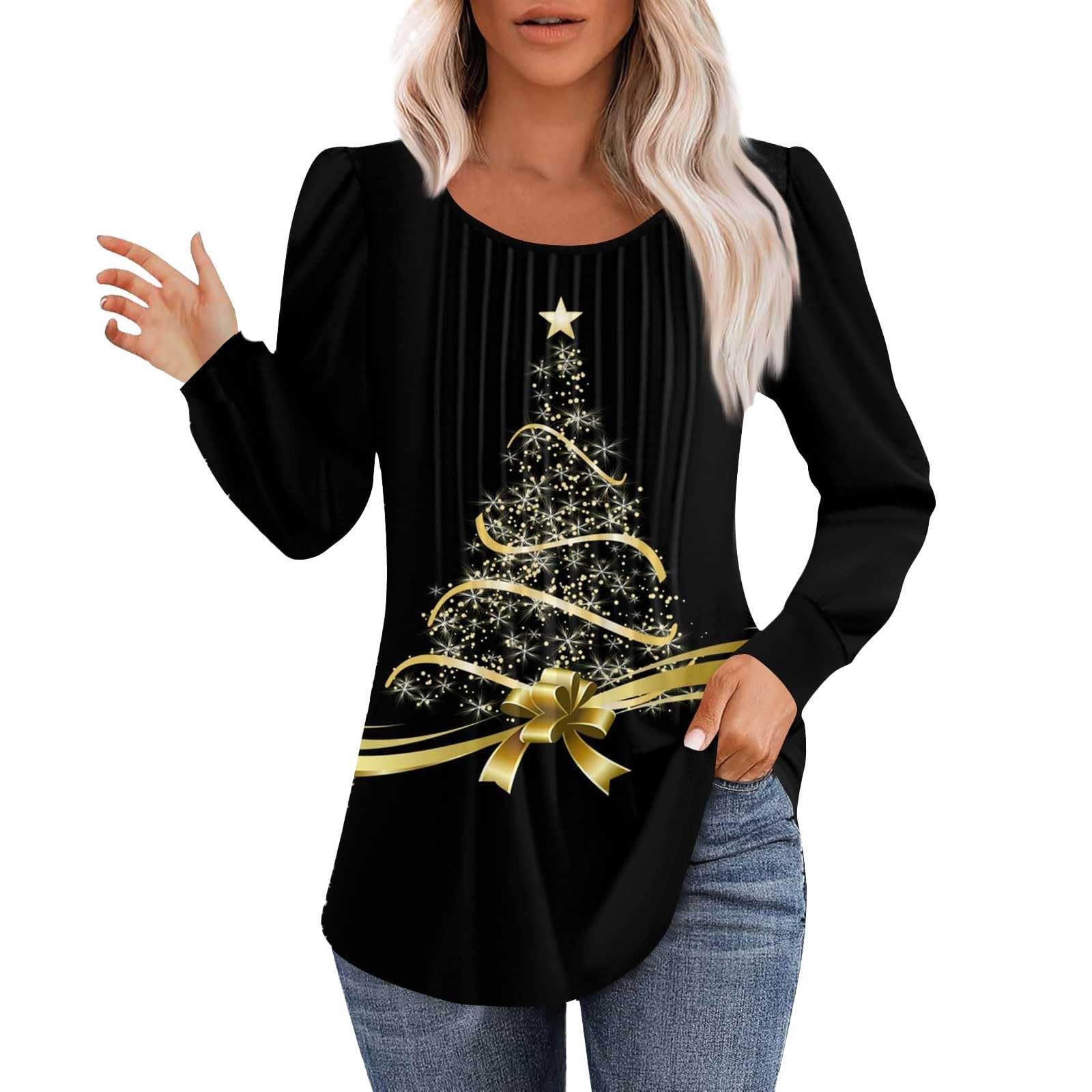 2024 Christmas Print Women's Long Sleeve Shirts - Casual Loose Fit Crewneck Blouse Plus Size Tees for Holiday Parties & Winter Outfits
