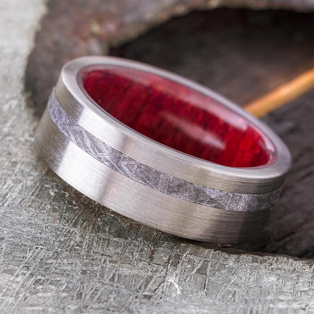 Gibeon Meteorite & Brushed Titanium 8mm Bloodwood Comfort-Fit Band - Unisex Wedding Ring for Men & Women - Durable Titanium Meteorite Jewelry for Everyday Wear & Special Occasions