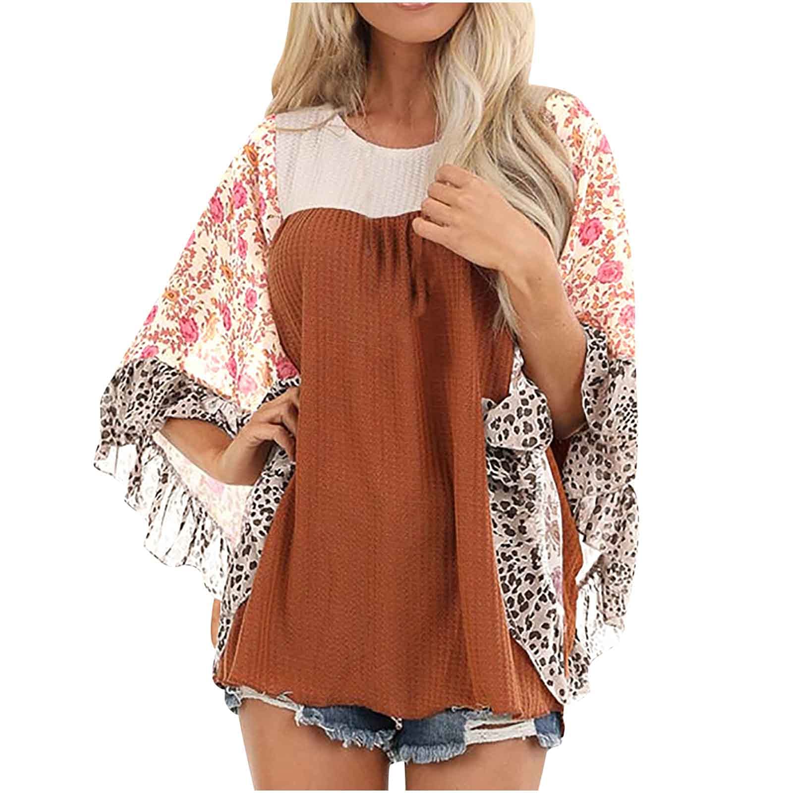 Women's Batwing Sleeve Tunic Top - Soft Loose Casual Blouse with Color Block Waffle Design, Comfortable Round Neck Tee for Everyday Wear, Work & Weekend Outfits