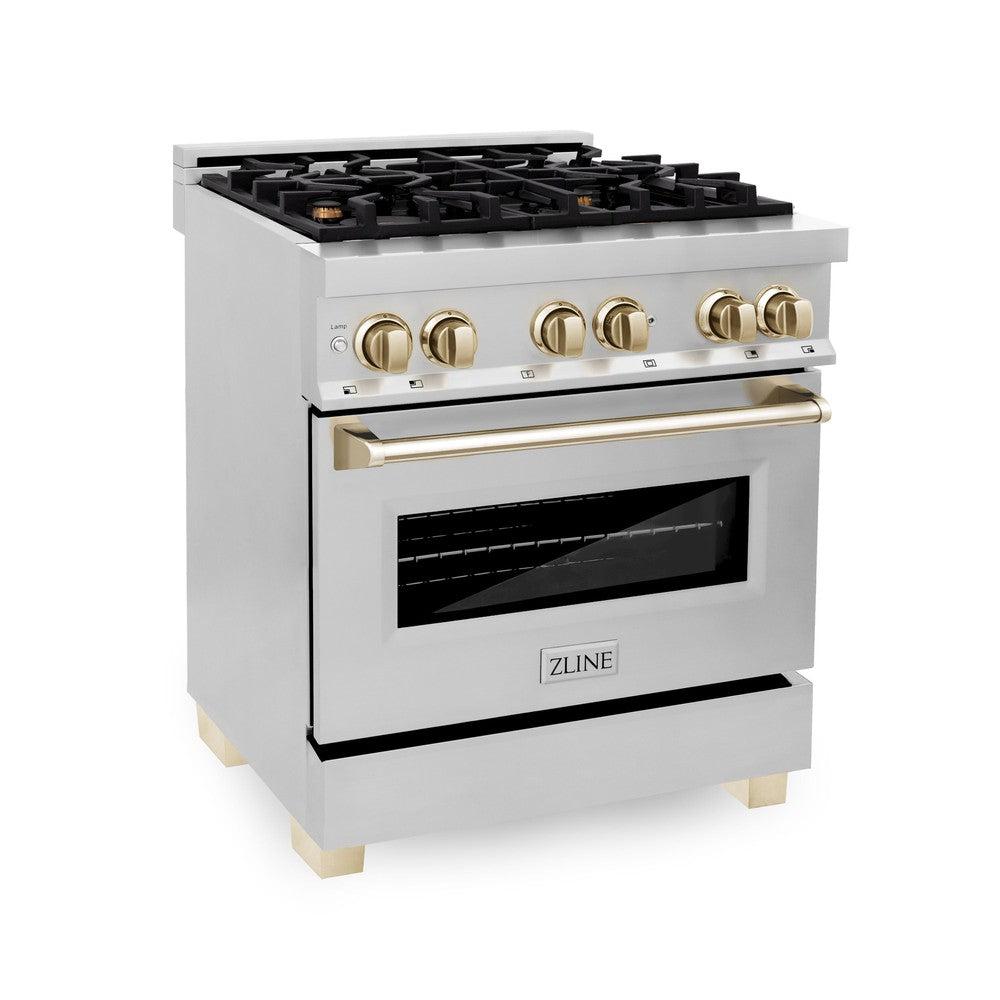 ZLINE RAZ 30 G 30-inch 4.0 cu.ft Dual Fuel Range - Stainless Steel Gas Stove with 4 Burners & Electric Convection Oven - Polished Gold Accents - Professional Kitchen Appliance for Home Chefs & Cooking Enthusiasts