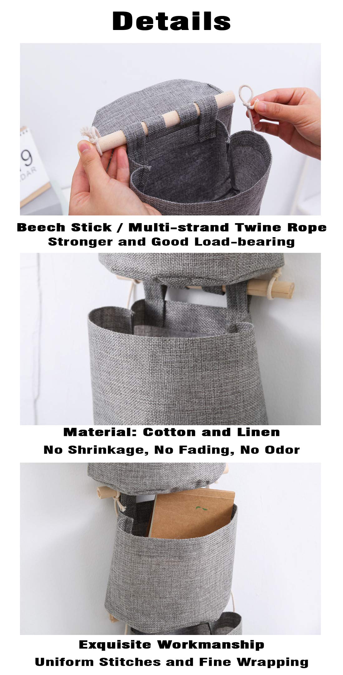 AARAINBOW 1 Pack Mini Cotton Linen Fabric Hanging Storage Organizer with 3 Pockets - Detachable, Foldable & Washable Closet Door Organizer for Bedroom, Bathroom & Small Spaces (Gray) - Perfect for Storing Accessories, Toiletries & Home Essentials