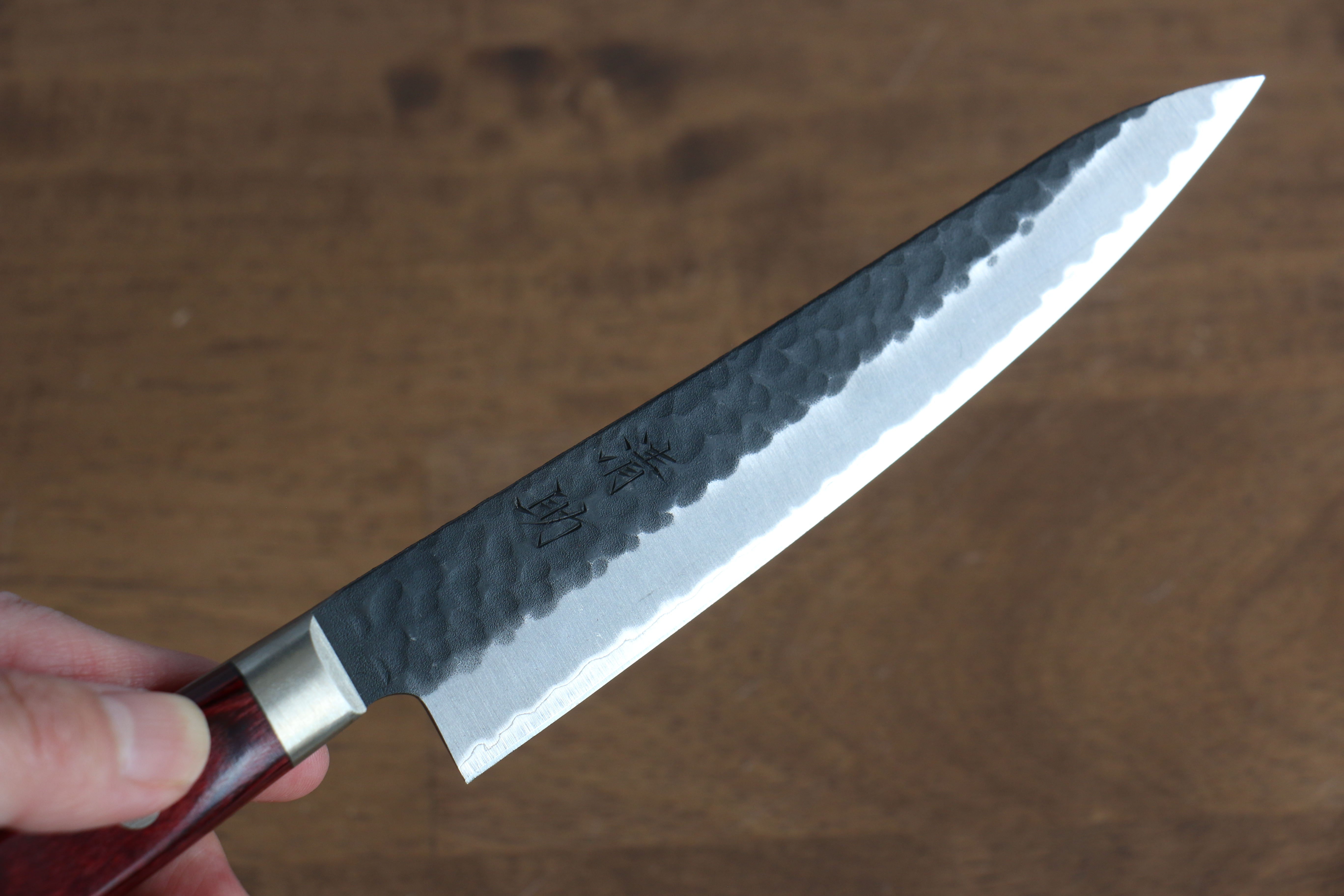 Seisuke Blue Super Hammered Kurouchi Petty Utility Knife 135mm - Red Pakka Wood Handle - Perfect for Slicing, Peeling & Precision Kitchen Tasks