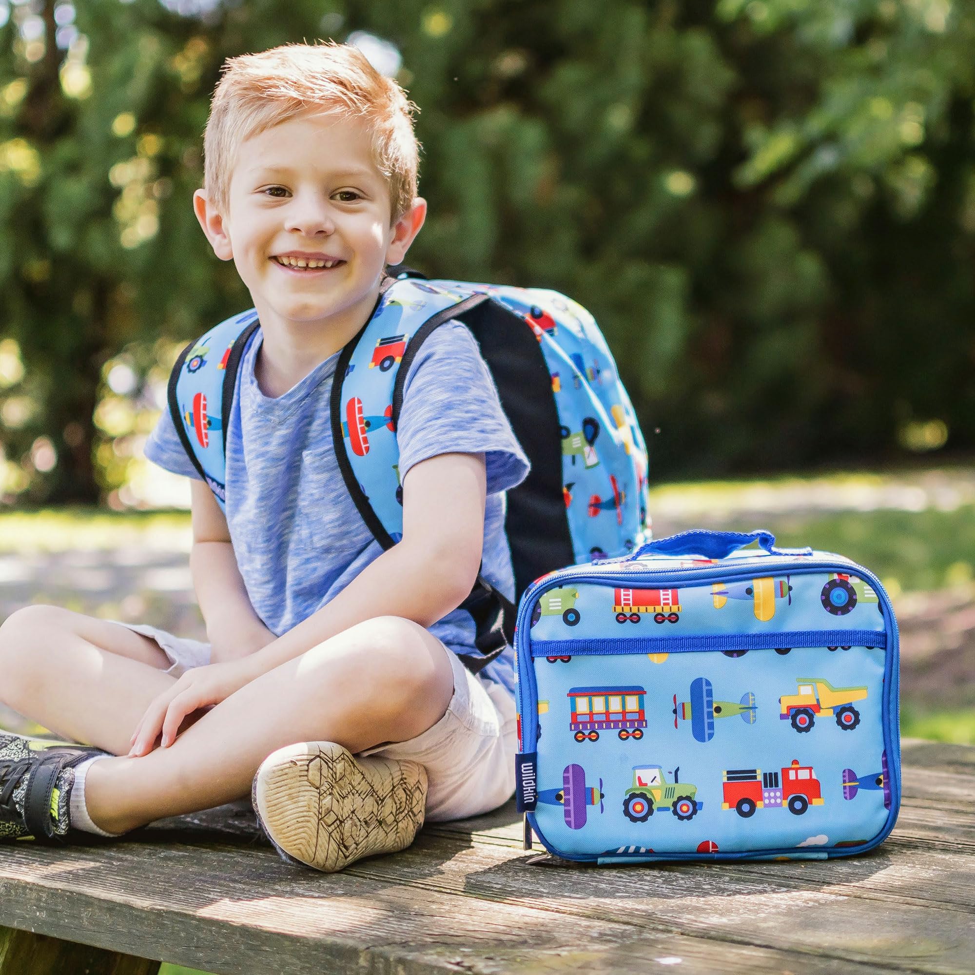 Wildkin Kids Lunch Box Bag Bundle with Bento Box - Trains, Planes, and Trucks Design | Insulated Lunch Bag for School, Picnic, and Travel | Perfect for Boys and Girls