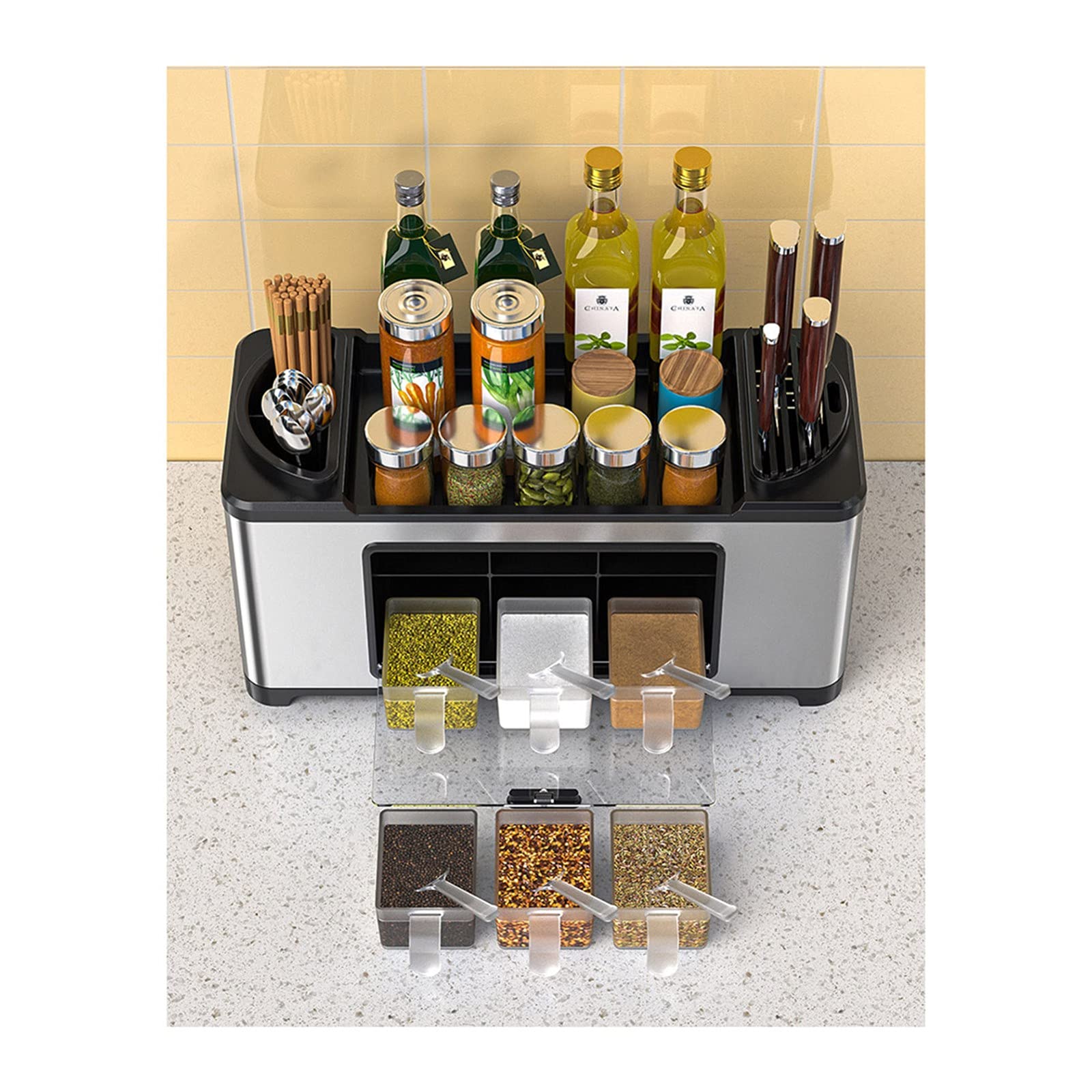 ACD Multi-Function Spice Organizer - 12 Bottle Spice Rack with Brush Jar & Spoon Holder - Kitchen Countertop Storage for Seasonings, Utensils & Cooking Supplies - Perfect for Pantry, Cabinet or Counter Organization