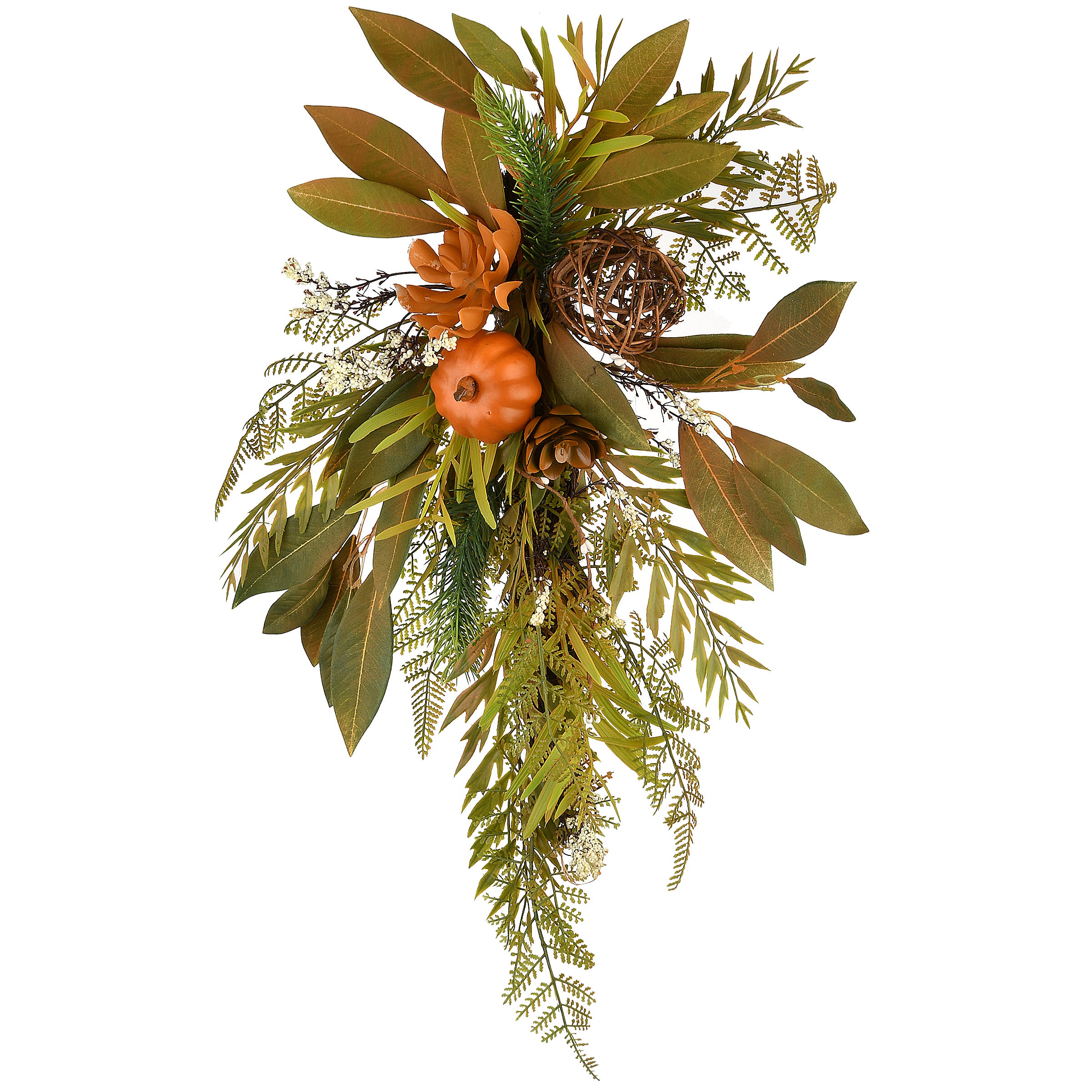 26 Inch Fall Wall Flower Swag Decor with Fern Fronds, Autumn Leaves, Pumpkins & Twig Cones - Seasonal Home Decor for Thanksgiving, Harvest, Front Door, Mantel & Indoor/Outdoor Use