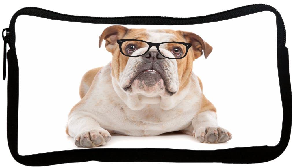 Brown & White English Bulldog Hipster Glasses Pencil Case - Stylish Organizer for School, Office, Gameboy DS, MP3 & Makeup Accessories | Perfect for Students, Gamers & Professionals
