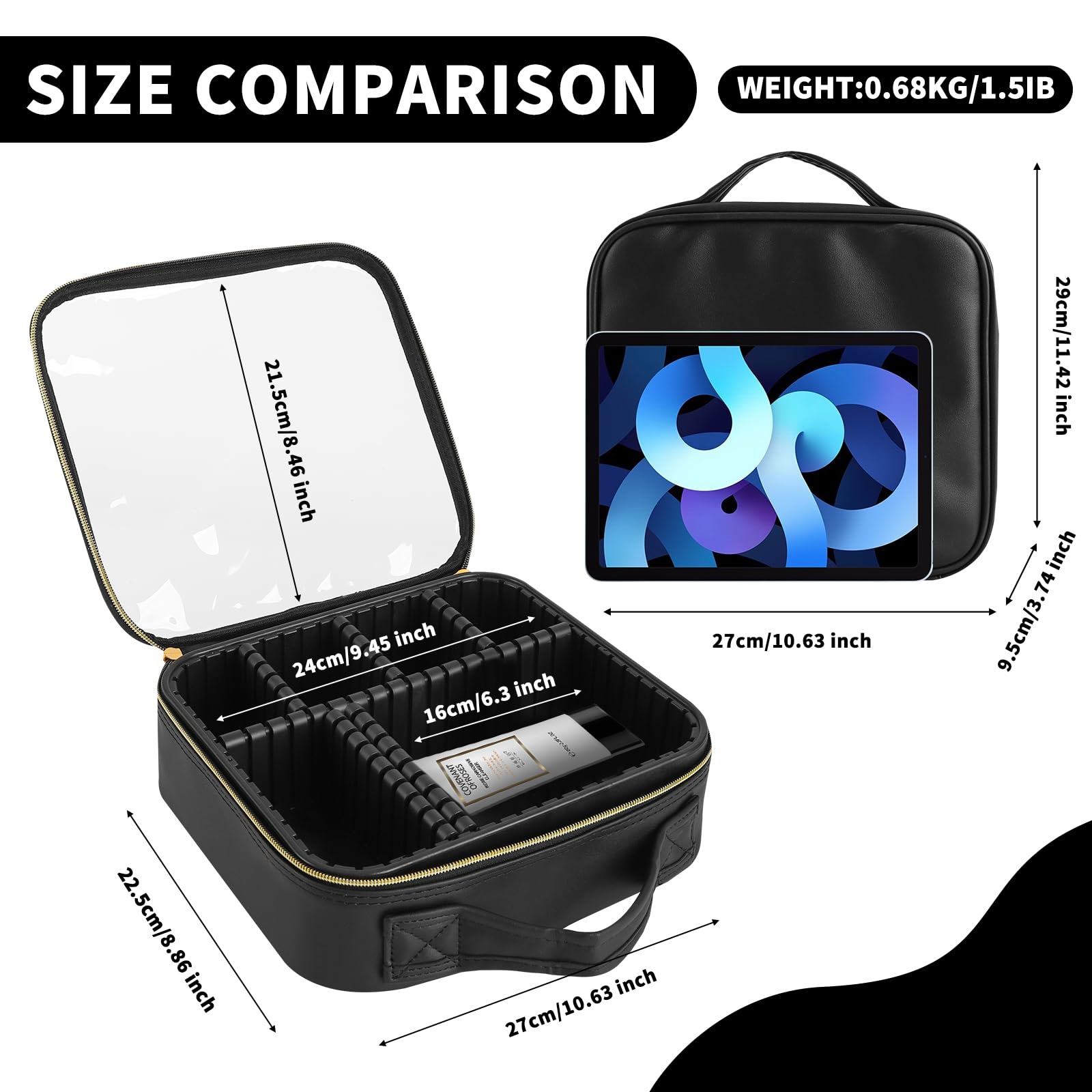 Clear Travel Makeup Bag for Women - Waterproof Cosmetic Organizer with Handle & Detachable Dividers | Portable Toiletry Case | Perfect Gift for Women & Girls | Ideal for Travel, Gym & Daily Use (Black)