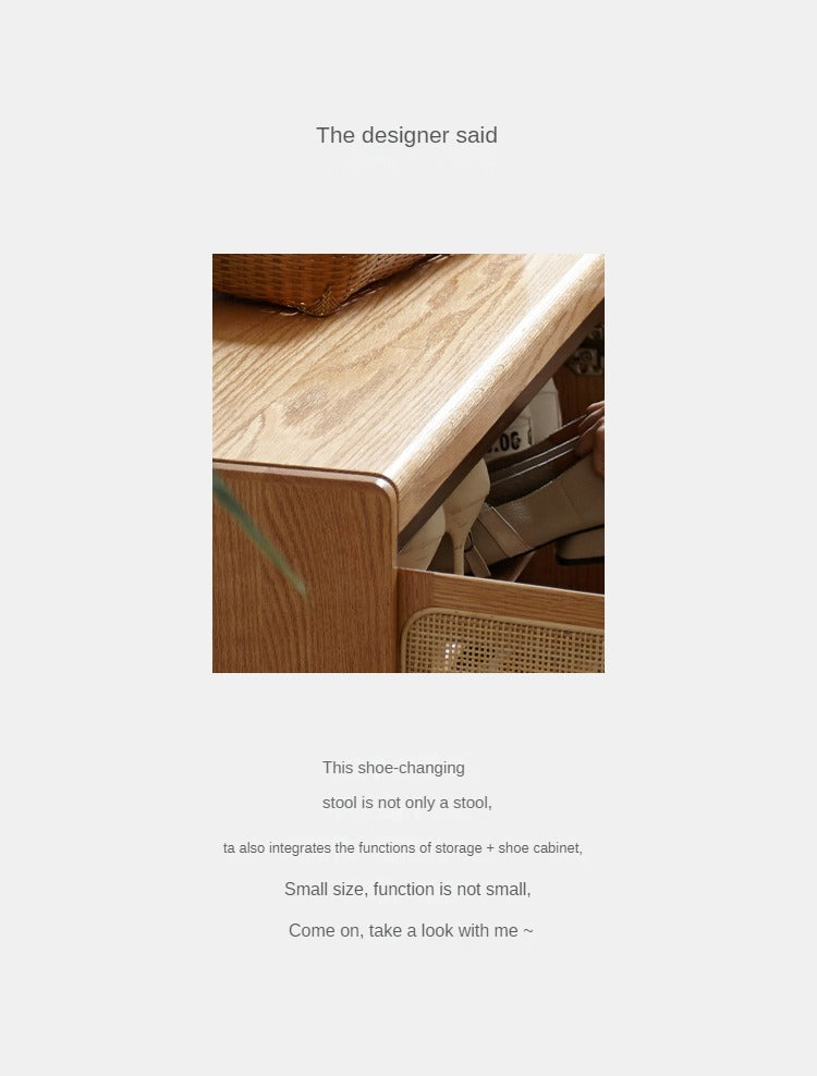 Solid Oak Wood Shoe Storage Bench with Rattan Design - Entryway Organizer for Shoes, Hats & Bags - Perfect for Hallway, Bedroom or Mudroom Decor