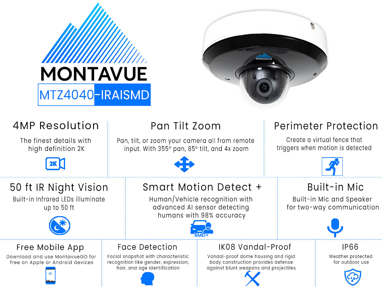 MTZ4040 IRAISMD 4MP 2K 30FPS PTZ Security Camera with 4x Optical Zoom & SMD+ Technology - Ideal for Home Surveillance, Business Monitoring, and Outdoor Security Systems