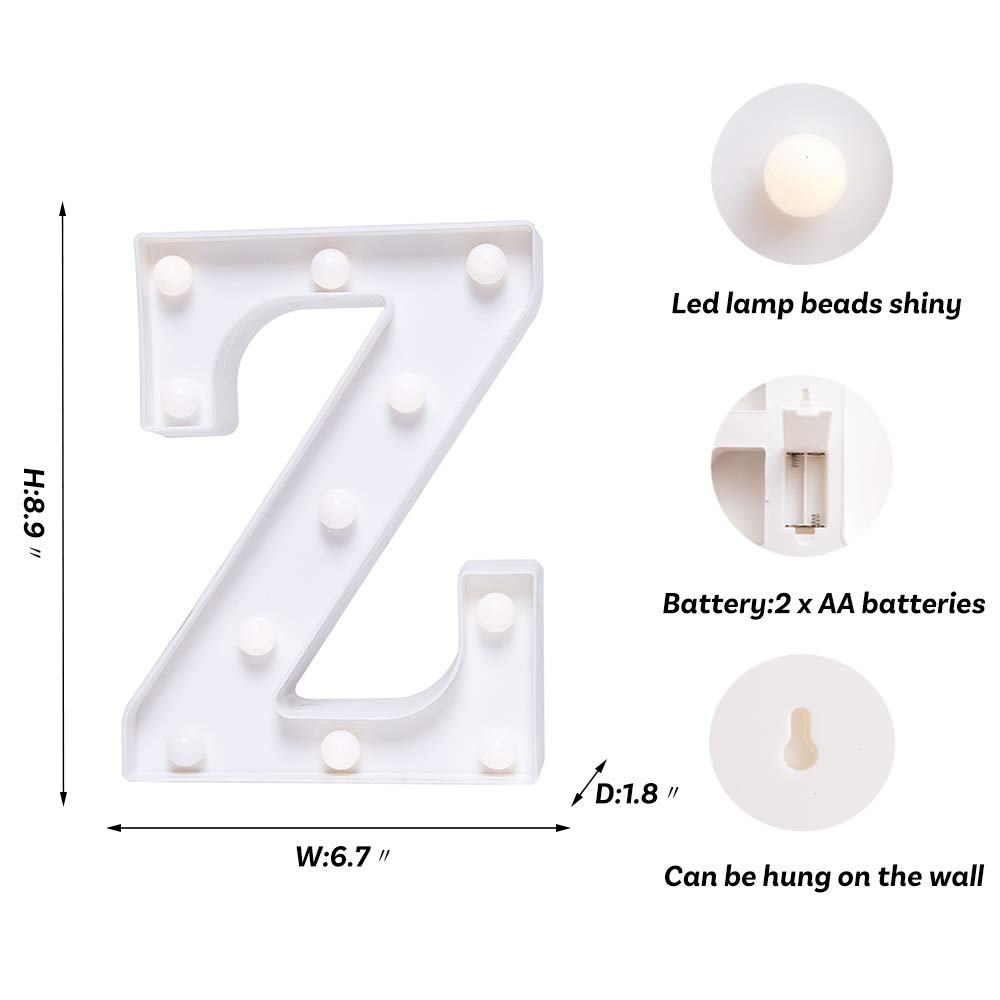 LED Light Up Letters Sign - Battery Powered Alphabet Letter Lights for Wedding, Birthday Party, Christmas Decor - Night Light for Home, Bar, Nursery & Bedroom (Letter Z)