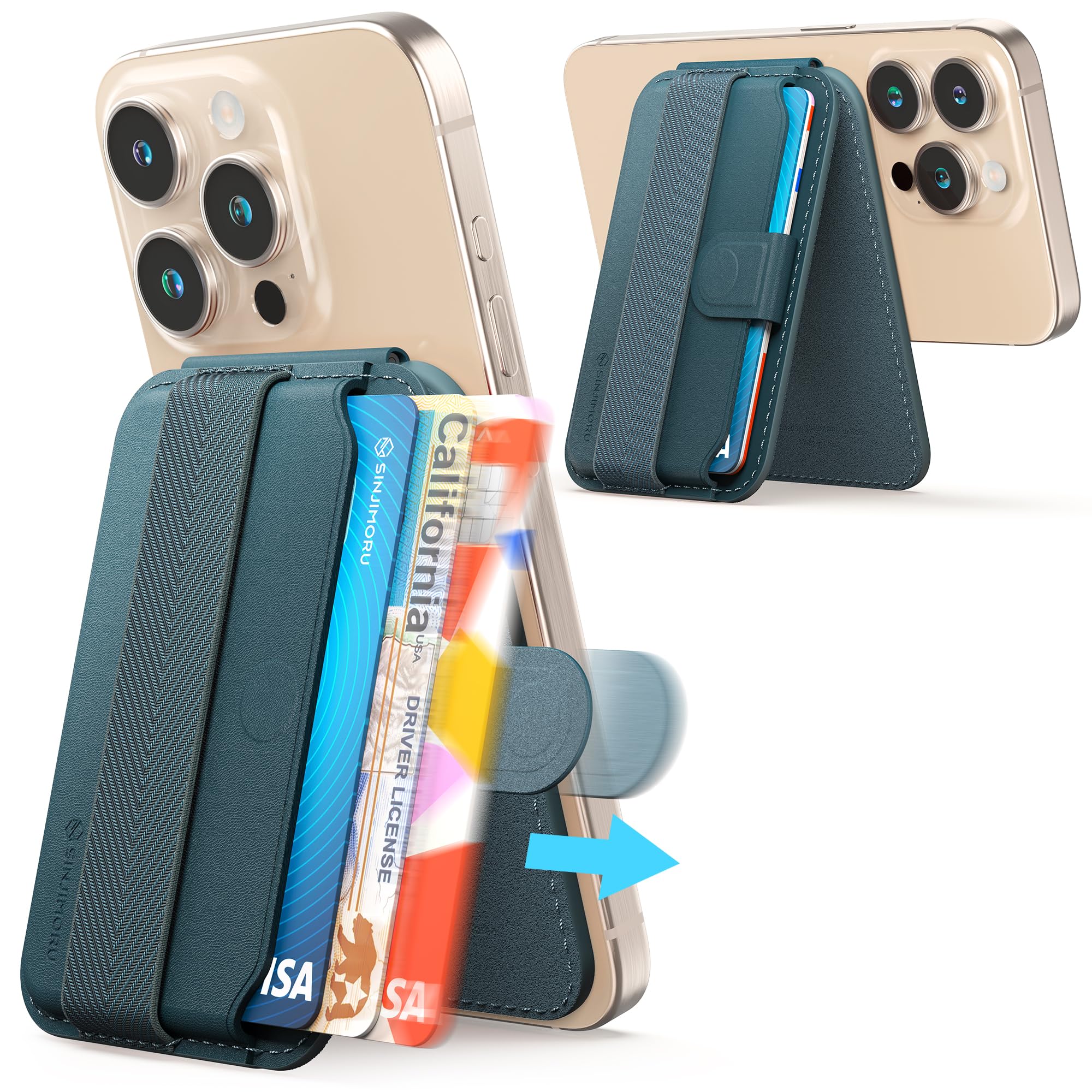 Sinjimoru Magnetic Wallet for iPhone with Adjustable Stand - M-Pull Tab Eject Design, MagSafe Compatible Phone Wallet (Marine Blue) | Perfect for Hands-Free Viewing, Secure Card Storage & Everyday Convenience