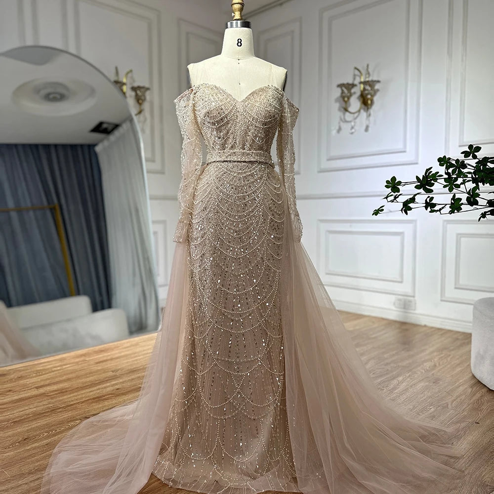 Luxury Dubai Nude Mermaid Evening Gown with Beaded Detachable Skirt - Formal Dress for Weddings, Galas & Special Occasions | LA72243A