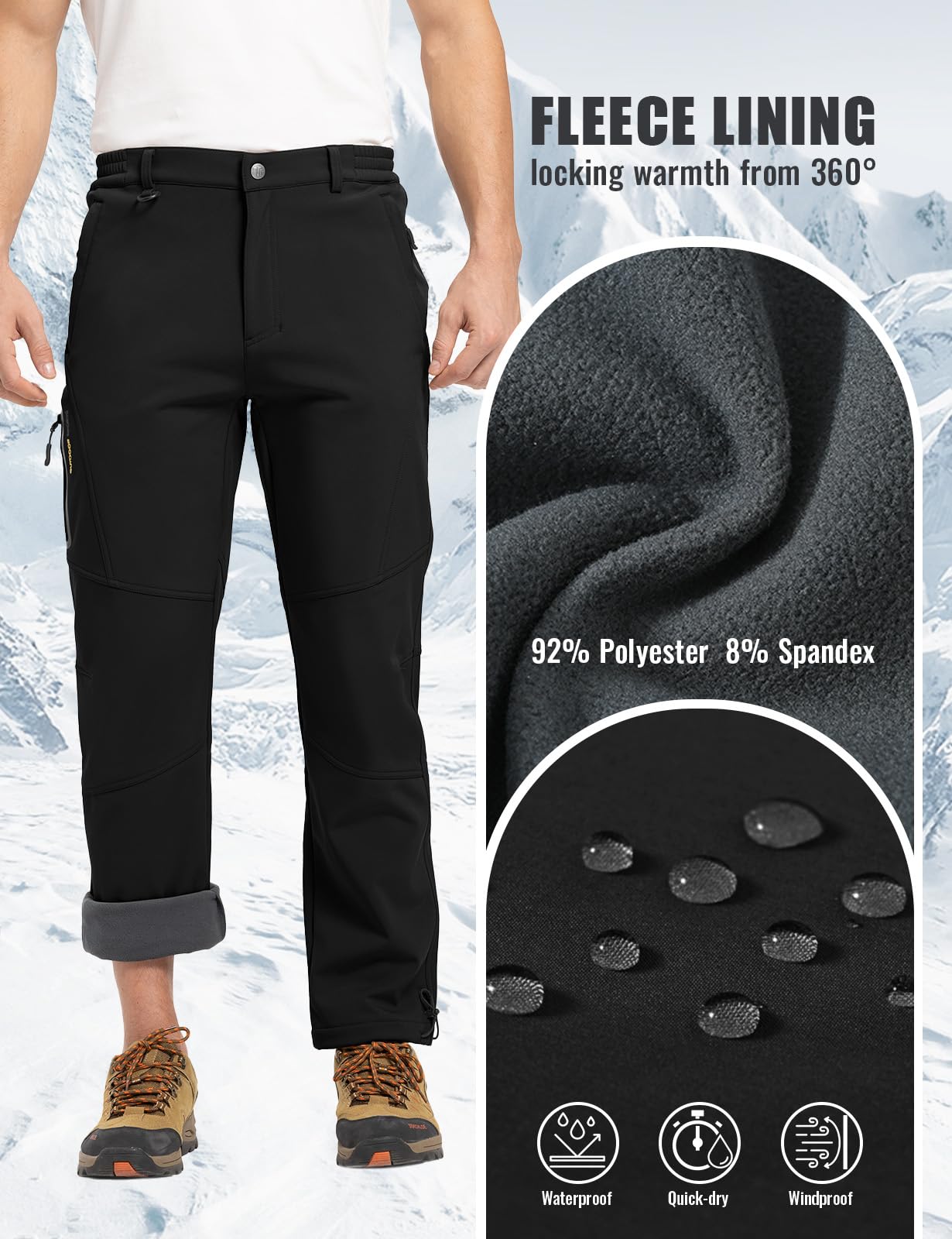 Rdruko Men's Waterproof Insulated Snow Pants - Winter Hiking, Snowboarding & Skiing Fleece-Lined Softshell Pants for Cold Weather Outdoor Activities