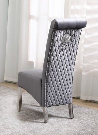 Luxury Grey Velvet Dining Chairs with Lion Knocker & Chrome Legs - Set of 2 Modern Accent Chairs for Dining Room, Living Room or Home Office