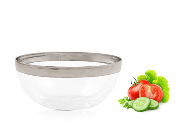 Clear Glass Salad Bowl with Silver Rim - Set of 2 | Elegant Serving Bowl for Salads, Pasta, Fruits & Desserts | Perfect for Dinner Parties, Picnics & Family Gatherings