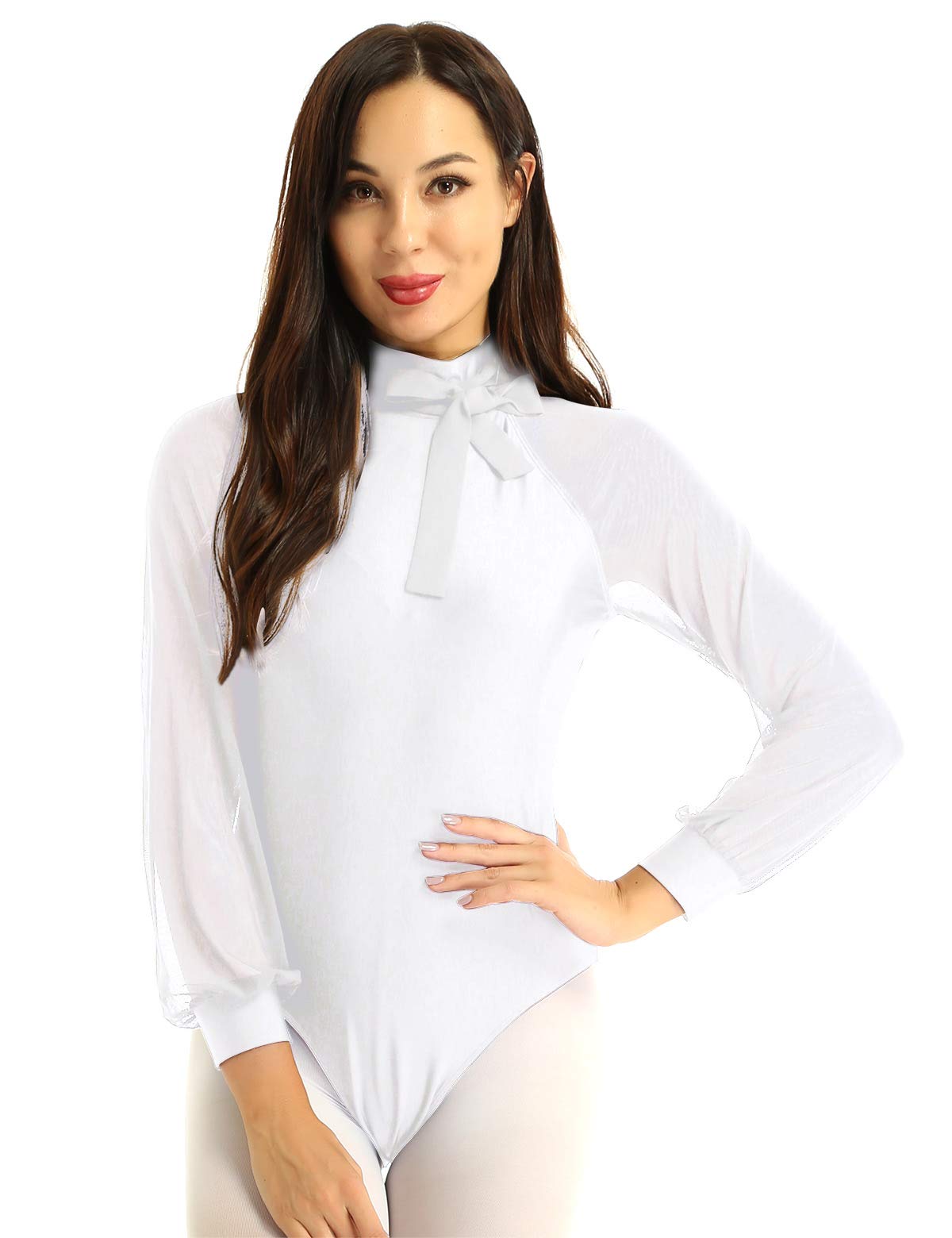 JanJean Women's Mock Neck Mesh Long Sleeve Cutout Back Leotard - Ballet, Gymnastics & Dance Costume for Performance, Practice & Competition