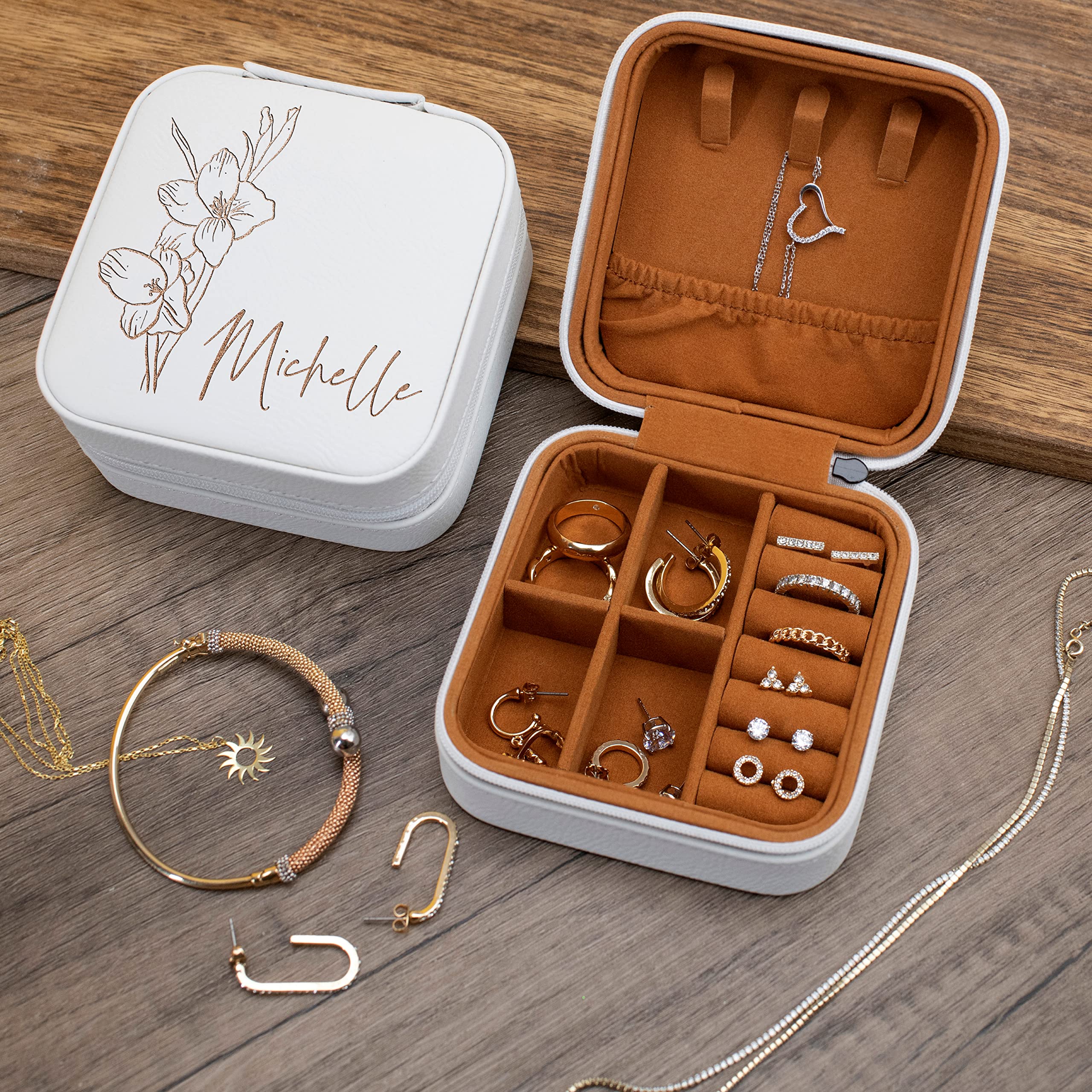 Personalized Leather Jewelry Box with Name & Birth Flower Engraving - Custom Jewelry Organizer Travel Case for Women | Birthday Gift for Mom, Wife, Girlfriend | Perfect for Travel, Home Storage & Special Occasions