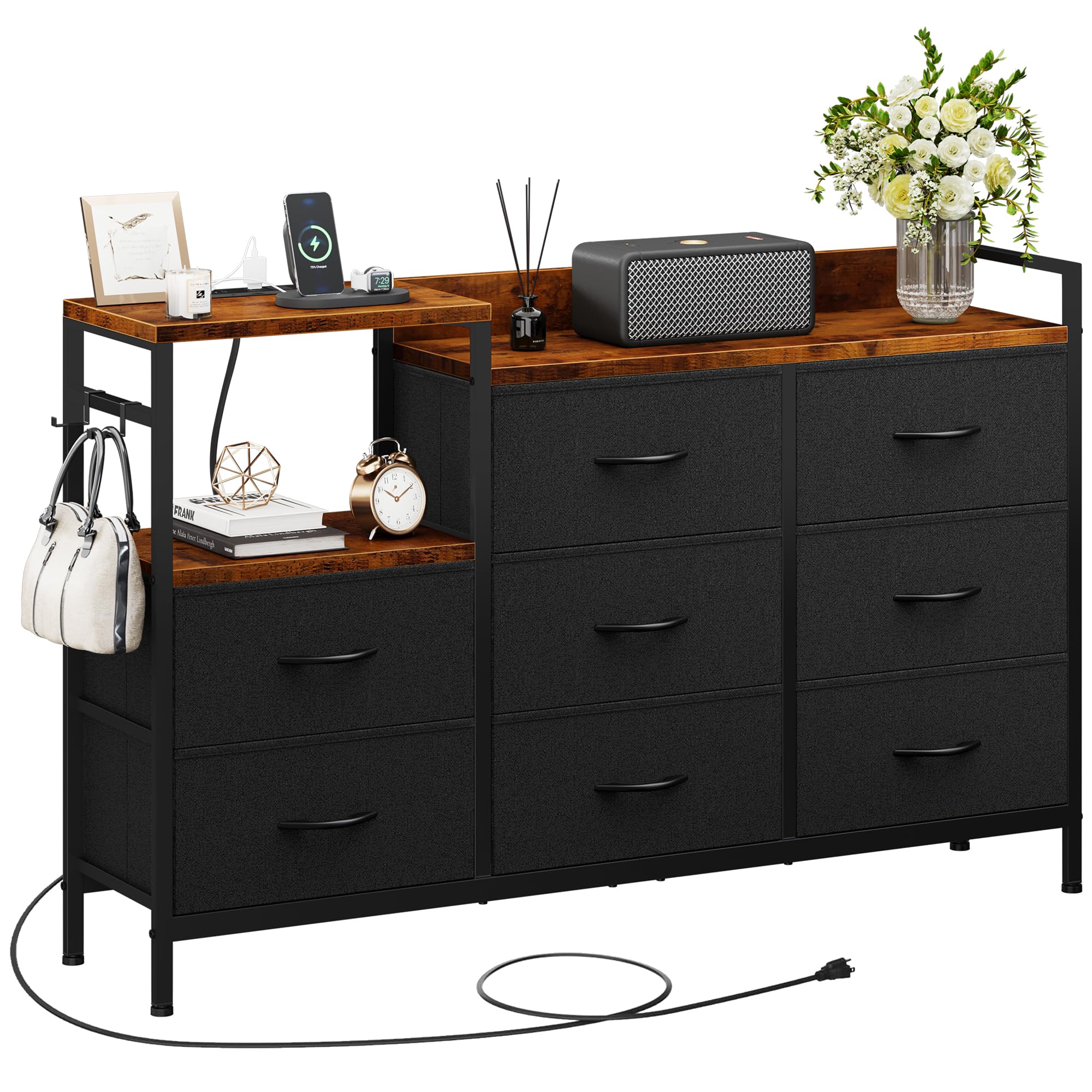 YITAHOME 8-Drawer Dresser with USB Charging Station - Sturdy Steel Frame & Wooden Top - Wide Black Fabric Dresser for Bedroom, Closet, Living Room & Hallway Organization - Perfect for Home Storage and Device Charging