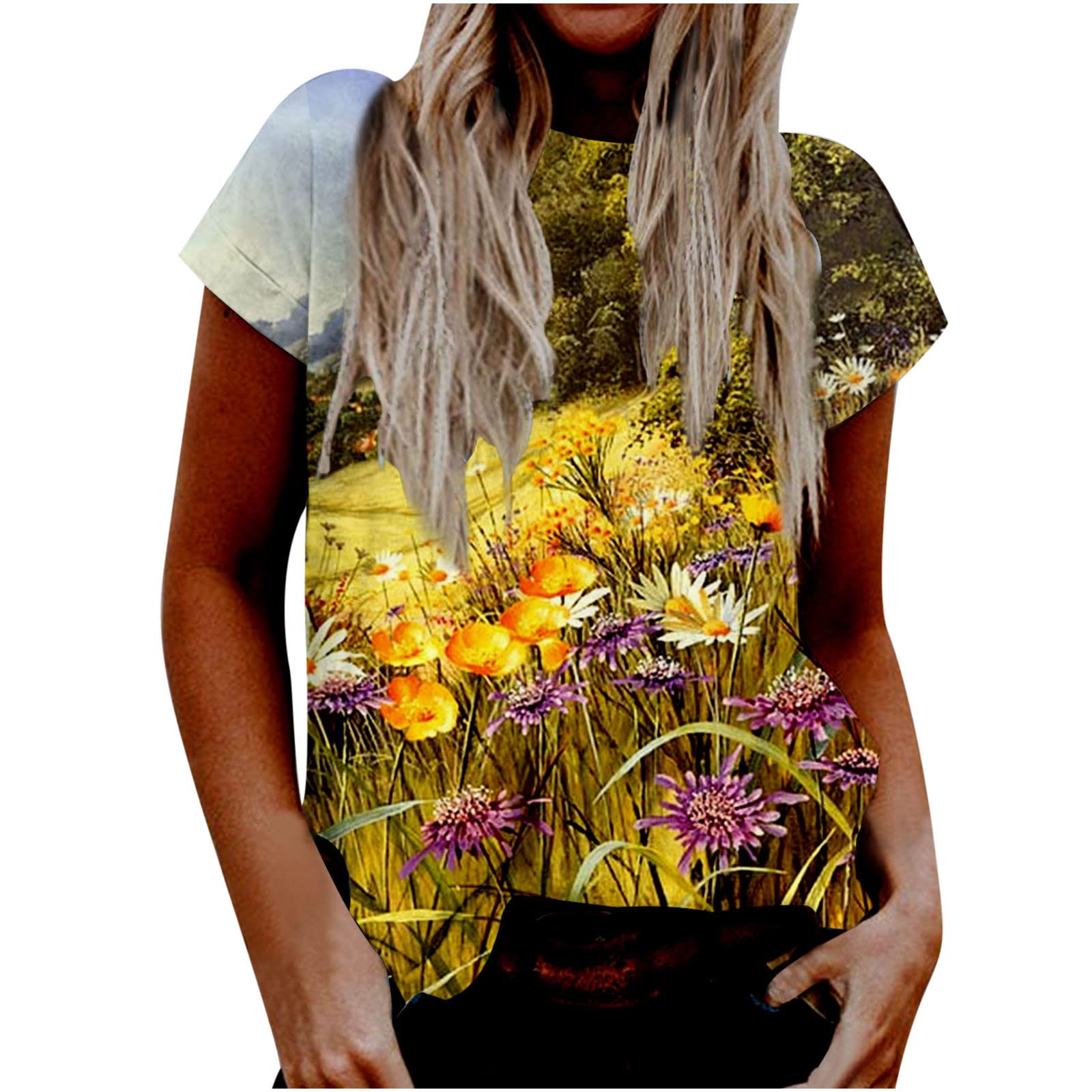 Women's Floral Print Short Sleeve T-Shirt - Colorful Summer Blouse with Round Neck | Casual Outfit, Beach Wear & Vacation Style