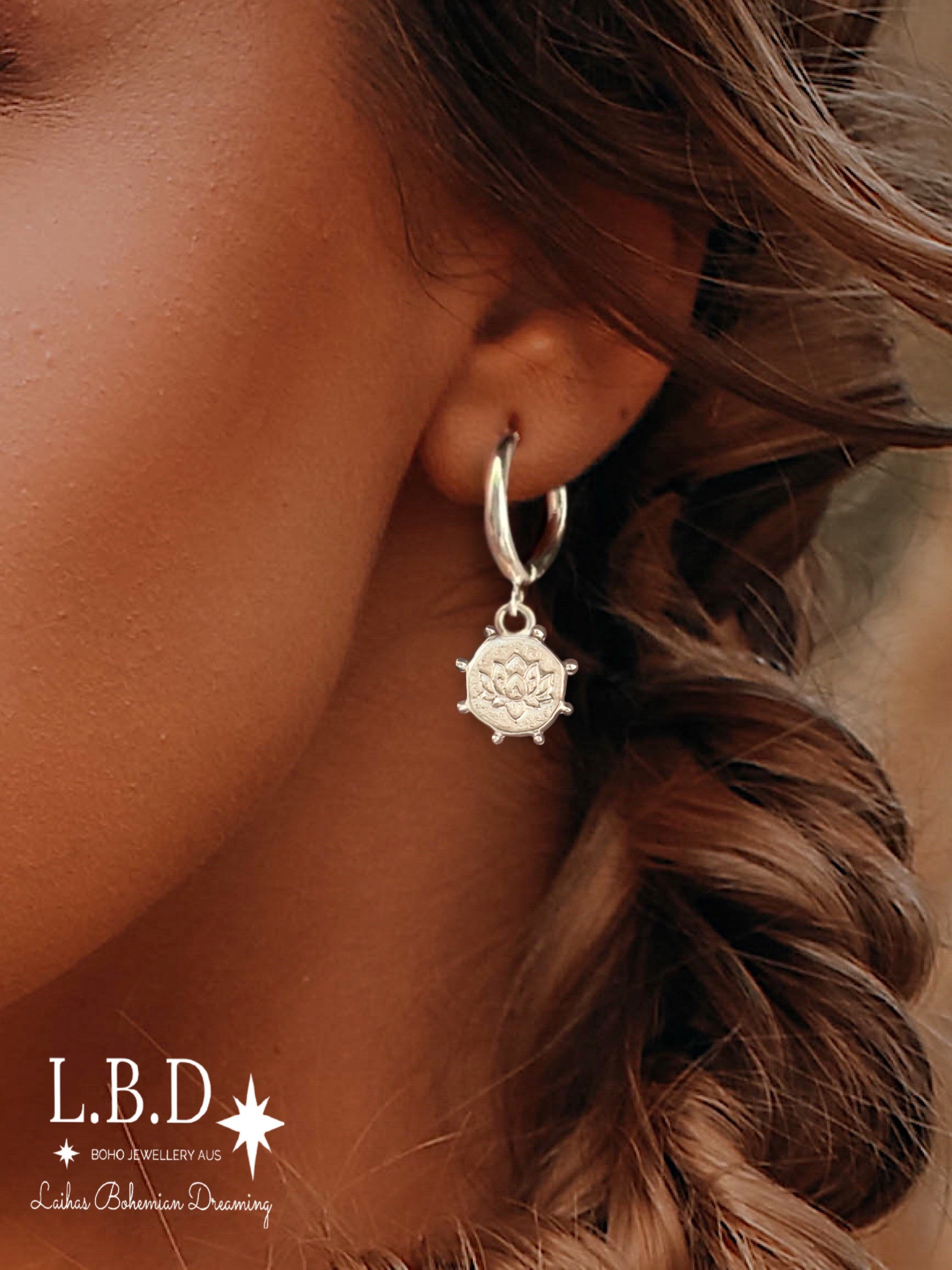 Laihas Sterling Silver Lotus Flower Hoop Earrings - Handcrafted Boho Jewelry for Women, Perfect Gift for Yoga Lovers & Nature Inspired Fashion