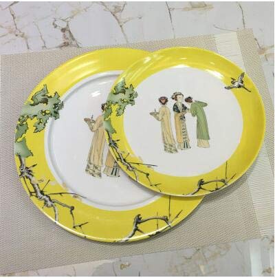 ZAMTAC Tang Dynasty Maid Pattern Decorative Plate Set - Chinese Style Yellow Flat Dish for Home Decor, Dining & Living Room Display (2 Sizes) | Perfect for Asian-Themed Interior Design, Cultural Events & Gift Giving