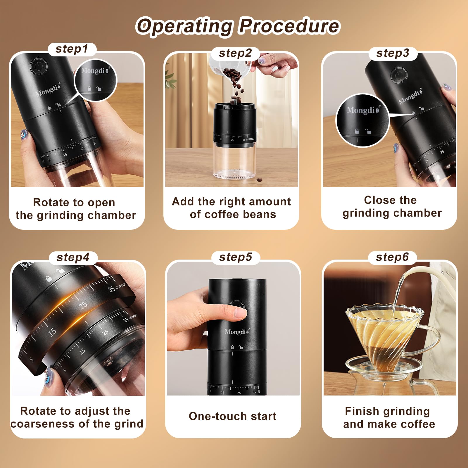 Mongdio Portable Electric Coffee Bean Grinder with 38 Adjustable Settings, Rechargeable Battery for Home & Travel Use - Perfect for Espresso, French Press, and Cold Brew - Black