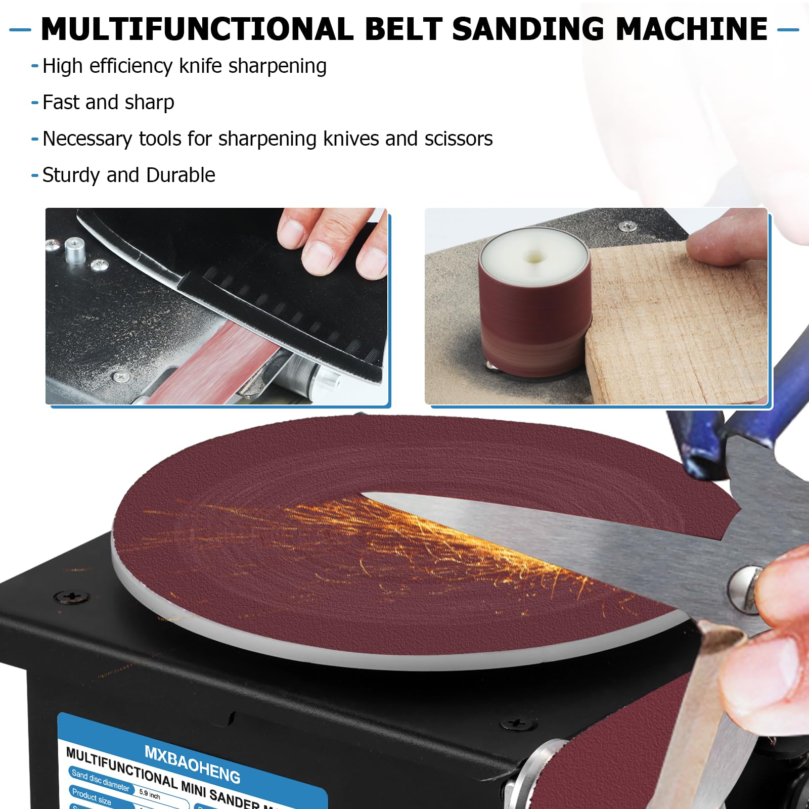 MXBAOHENG 6-Inch Mini Belt Disc Sander Machine with 1.2x15-Inch Sanding Belts - Wood Metal Stone Grinding Tool with Chuck & Flexible Shaft - Perfect for DIY Crafts, Furniture Repair, and Curve Sanding Projects