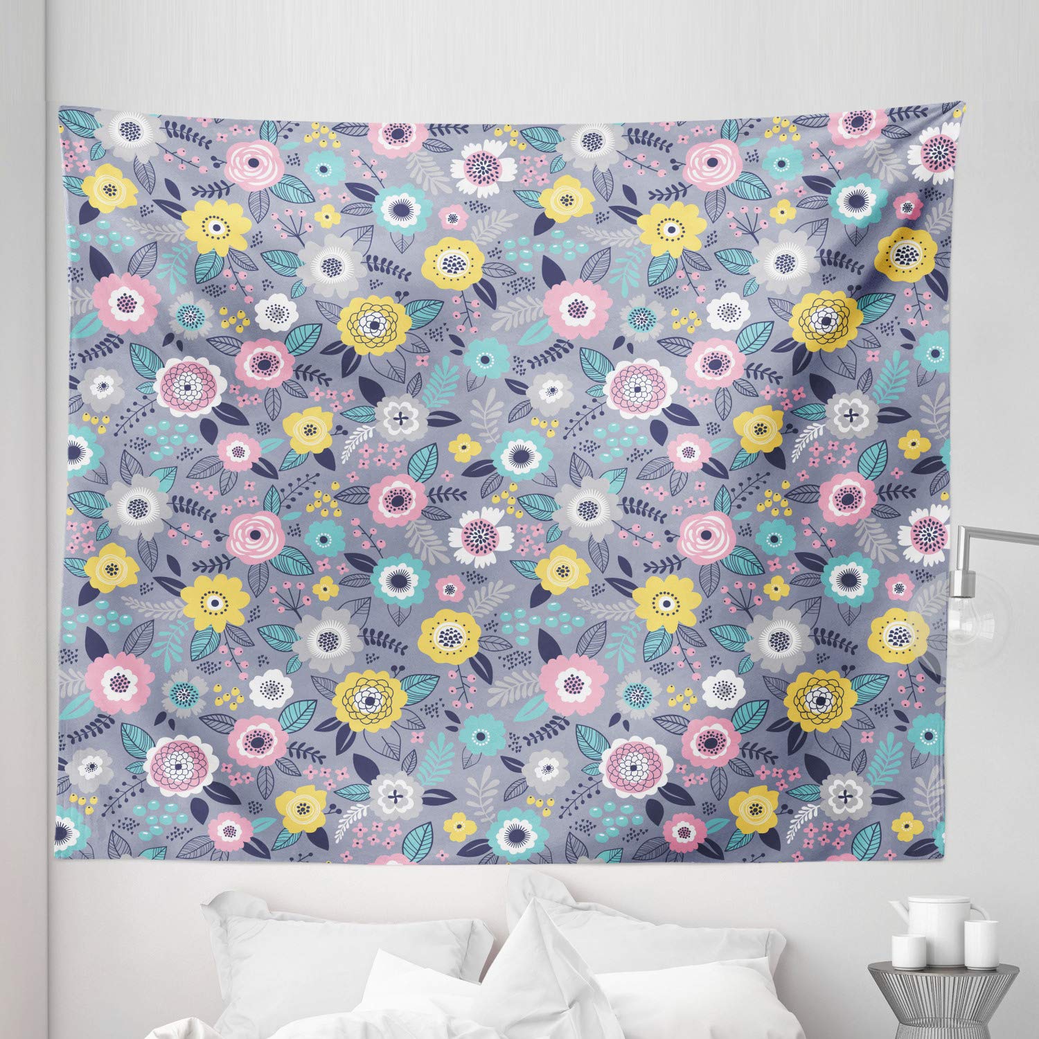 Ambesonne Abstract King Size Tapestry - Doodled Cartoon Style Colorful Flower with Leaves and Buds - Wall Hanging, Bedspread, Bed Cover - 104