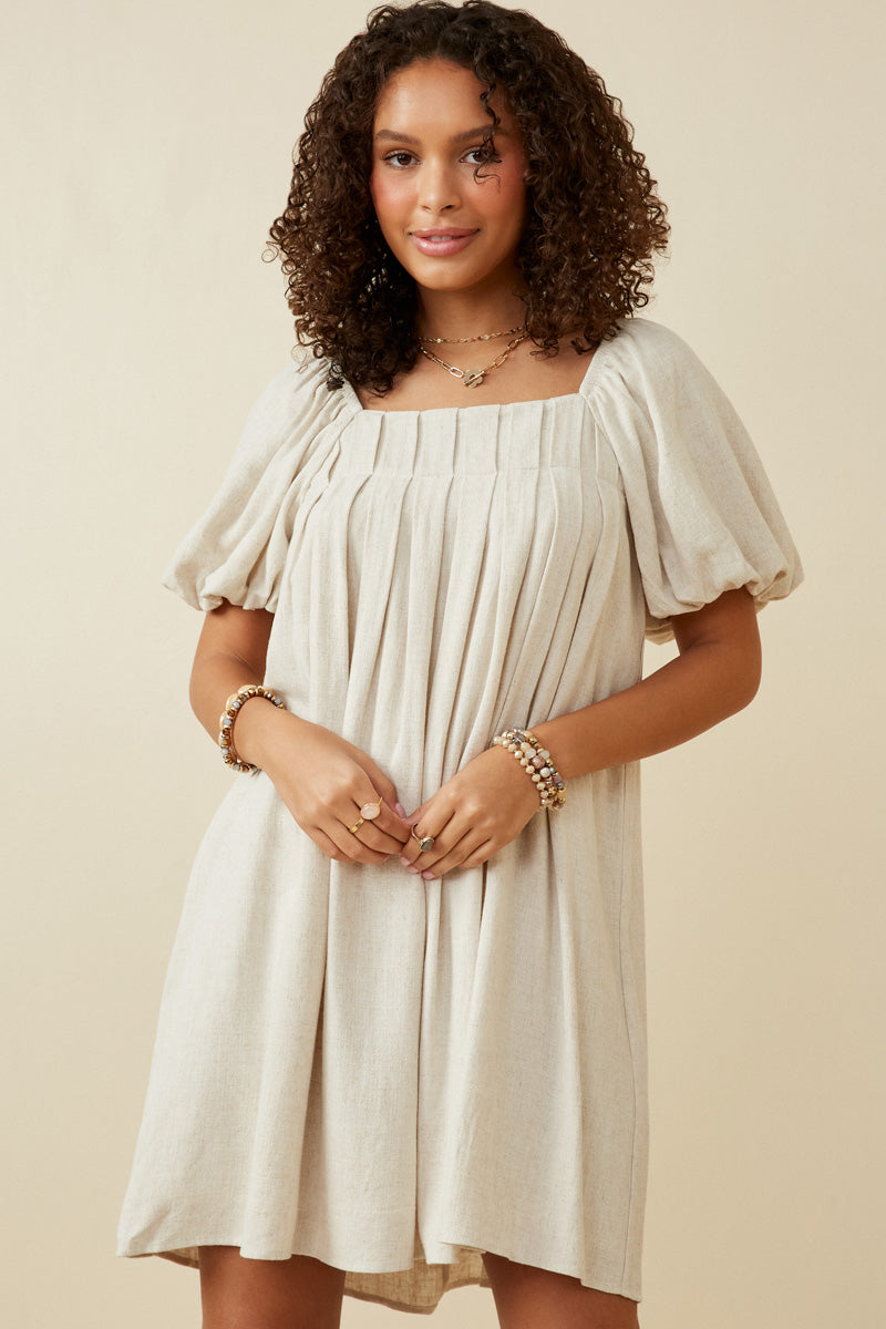 Women's Puff Sleeve Box Pleat Square Neck Dress - Elegant Flowy Midi Dress for Wedding Guest, Cocktail Party & Summer Outings